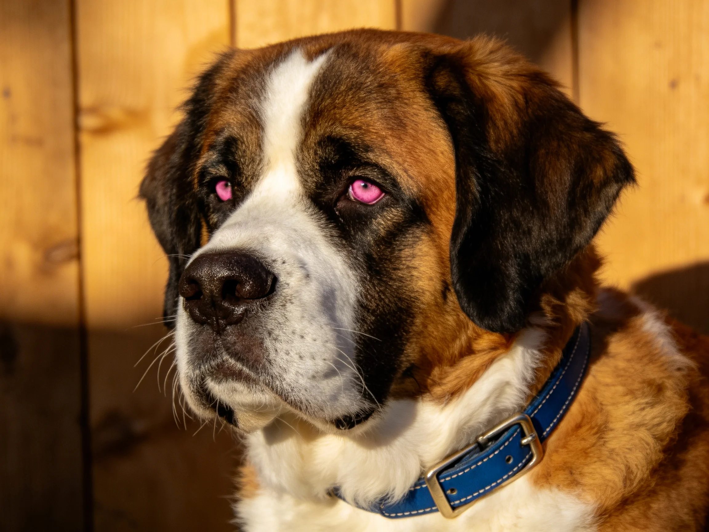 A Saint Bernard dog with pink eyes wears a blue collar beside wooden planks