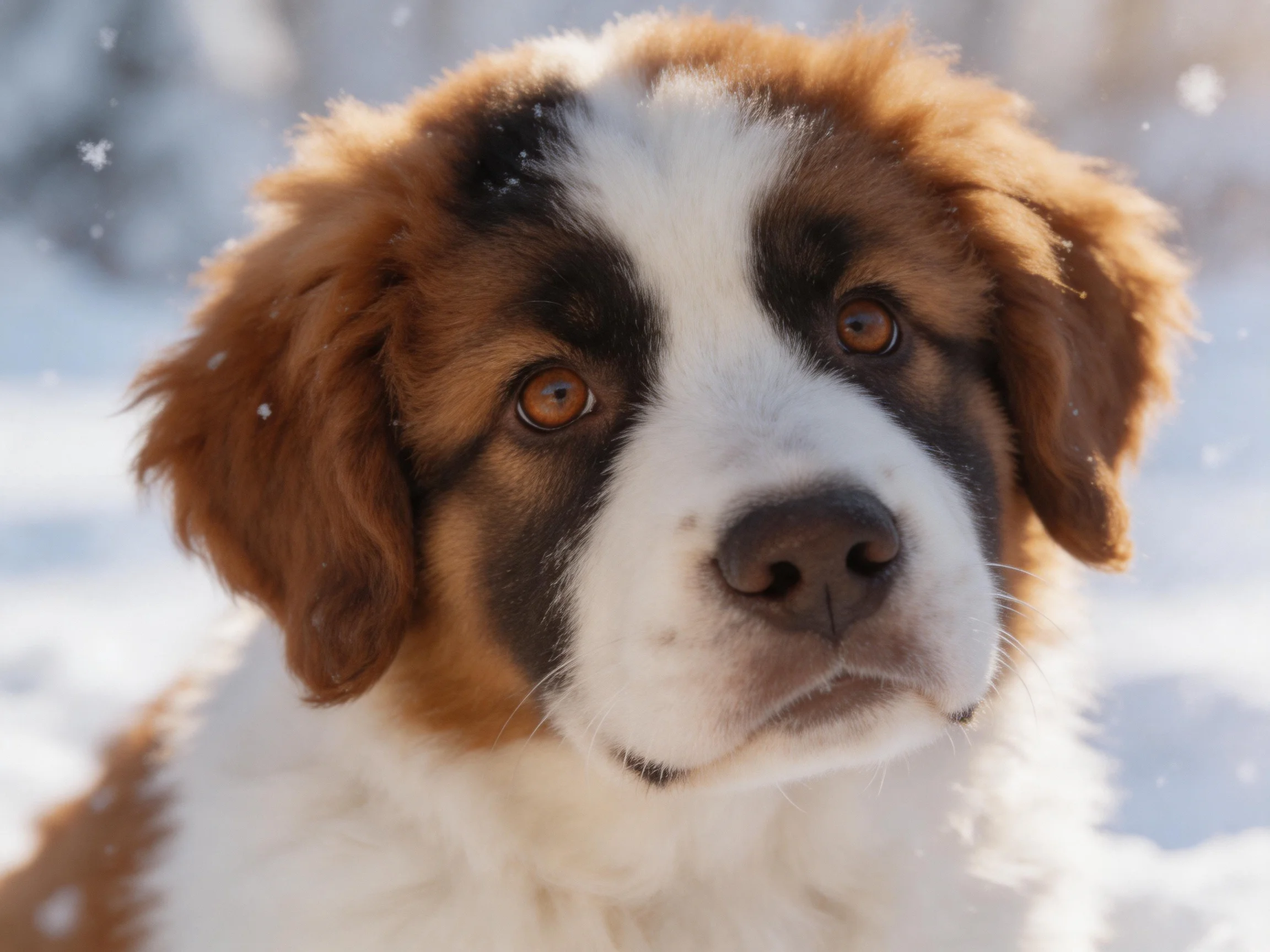 A Saint Bernard puppy with brown, white, and black fur in a snowy landscape