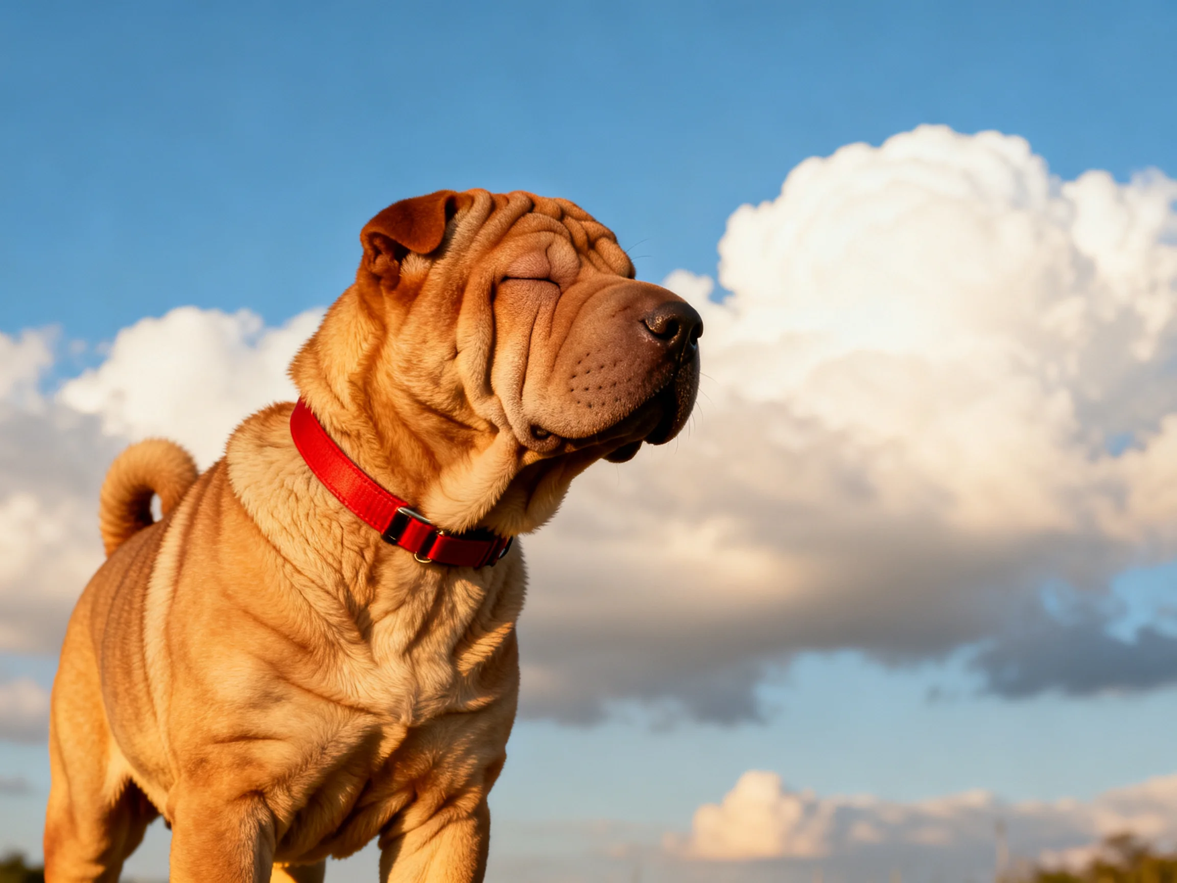 A Shar Pei dog with a red collar stands against a bright blue sky with fluffy white clouds