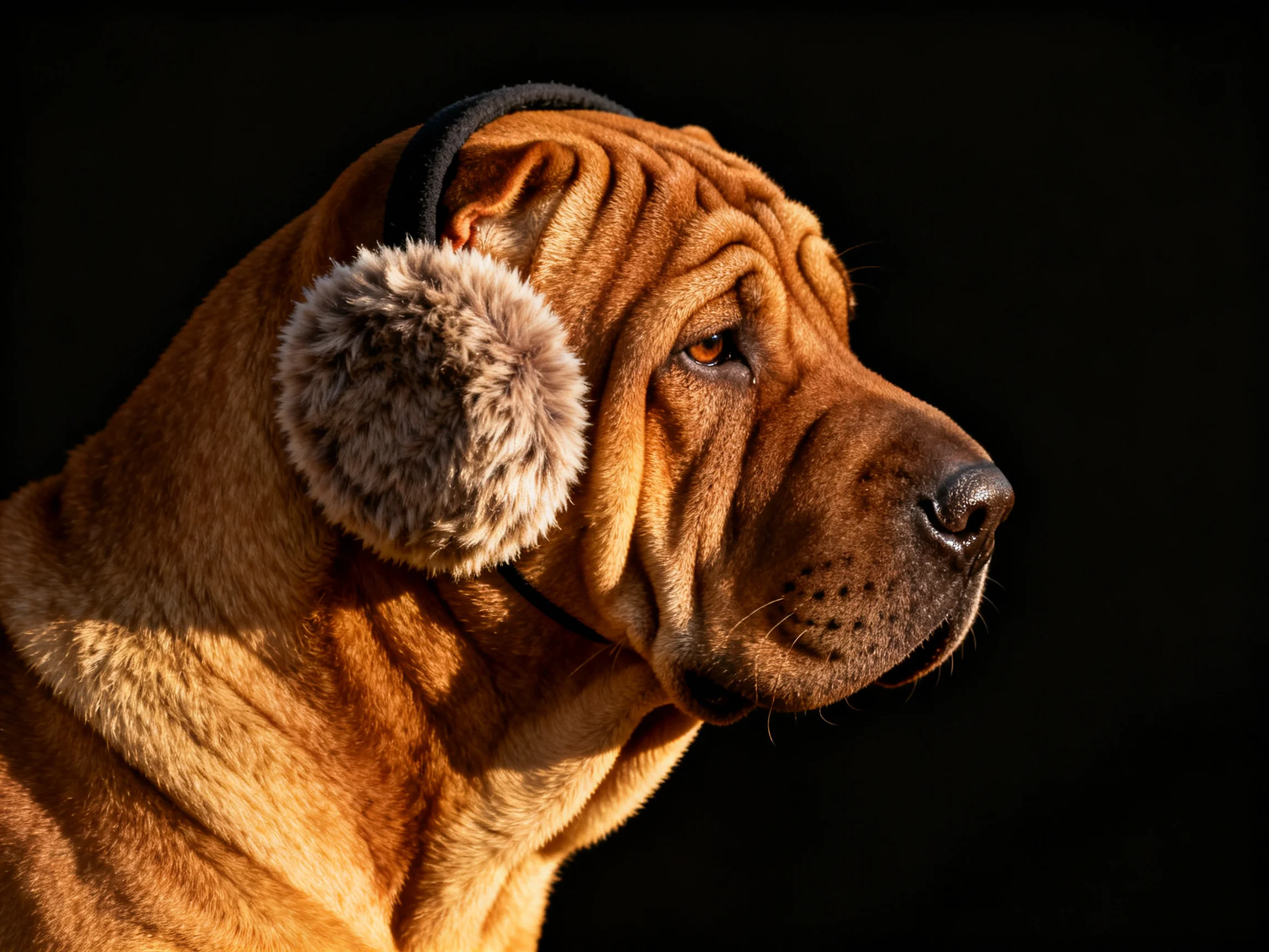 A Shar Pei dog with fuzzy earmuffs on a dark background