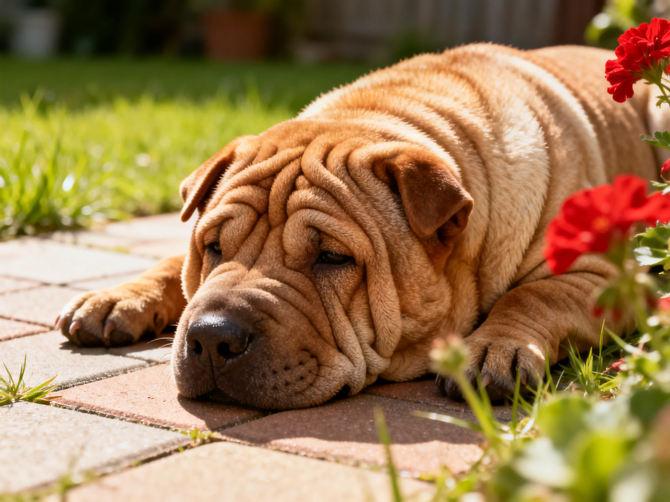 A Shar Pei rests near vibrant red flowers on a brick patio