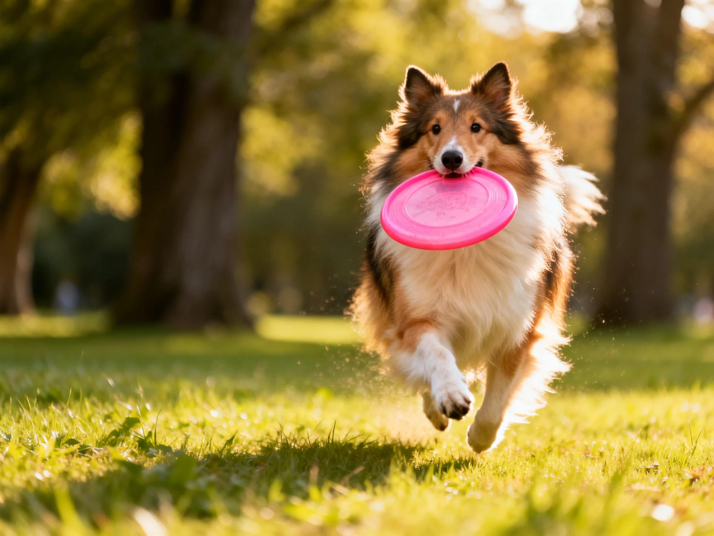 A Shetland Sheepdog carries a bright pink frisbee through a sun-drenched park