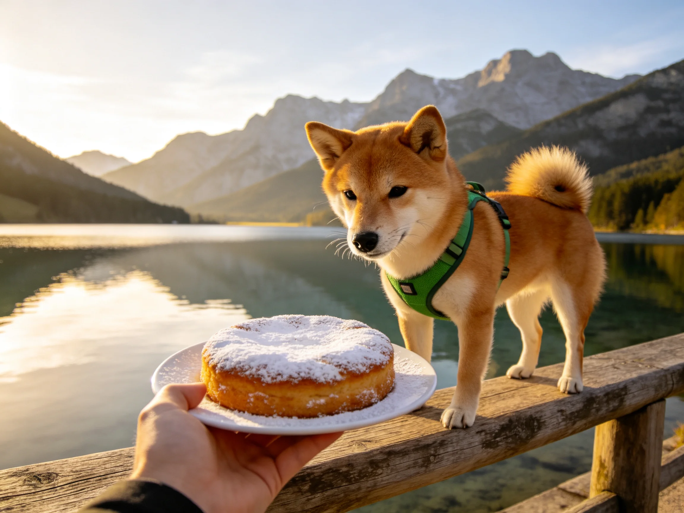 A Shiba Inu dog by a mountain lake with a powdered pastry