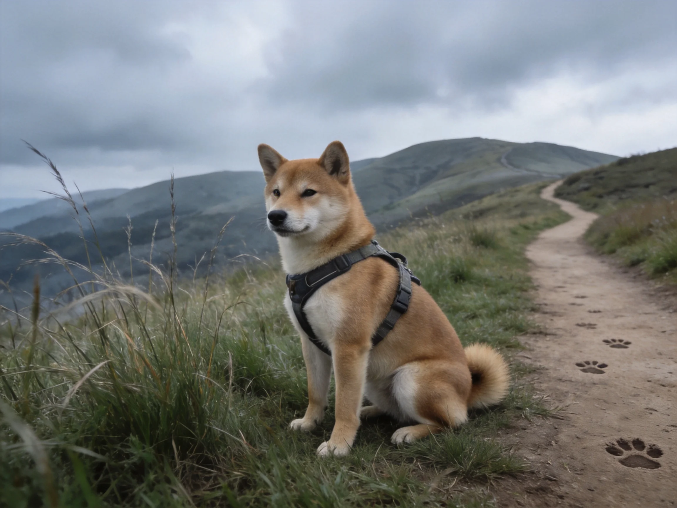 A Shiba Inu dog rests beside a dirt trail with paw prints, near grassy terrain and distant mountains under an overcast sky.