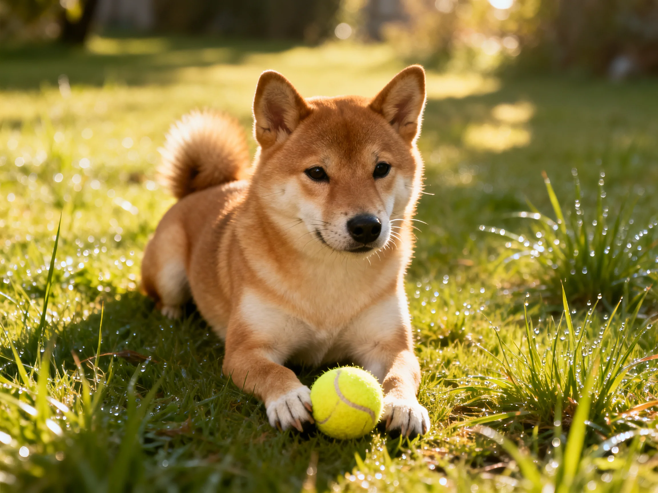 A Shiba Inu rests near a yellow tennis ball on dewy green grass
