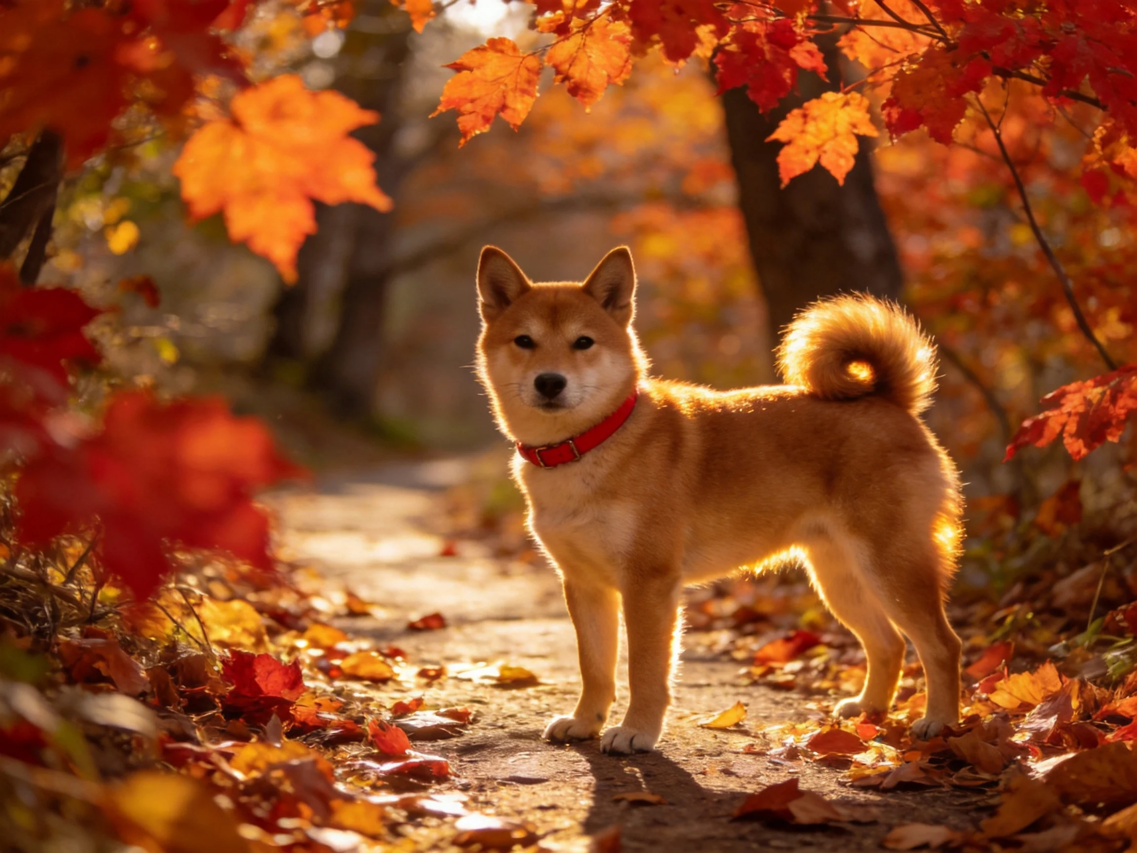 A Shiba Inu dog stands on a leaf-covered path surrounded by autumn trees.