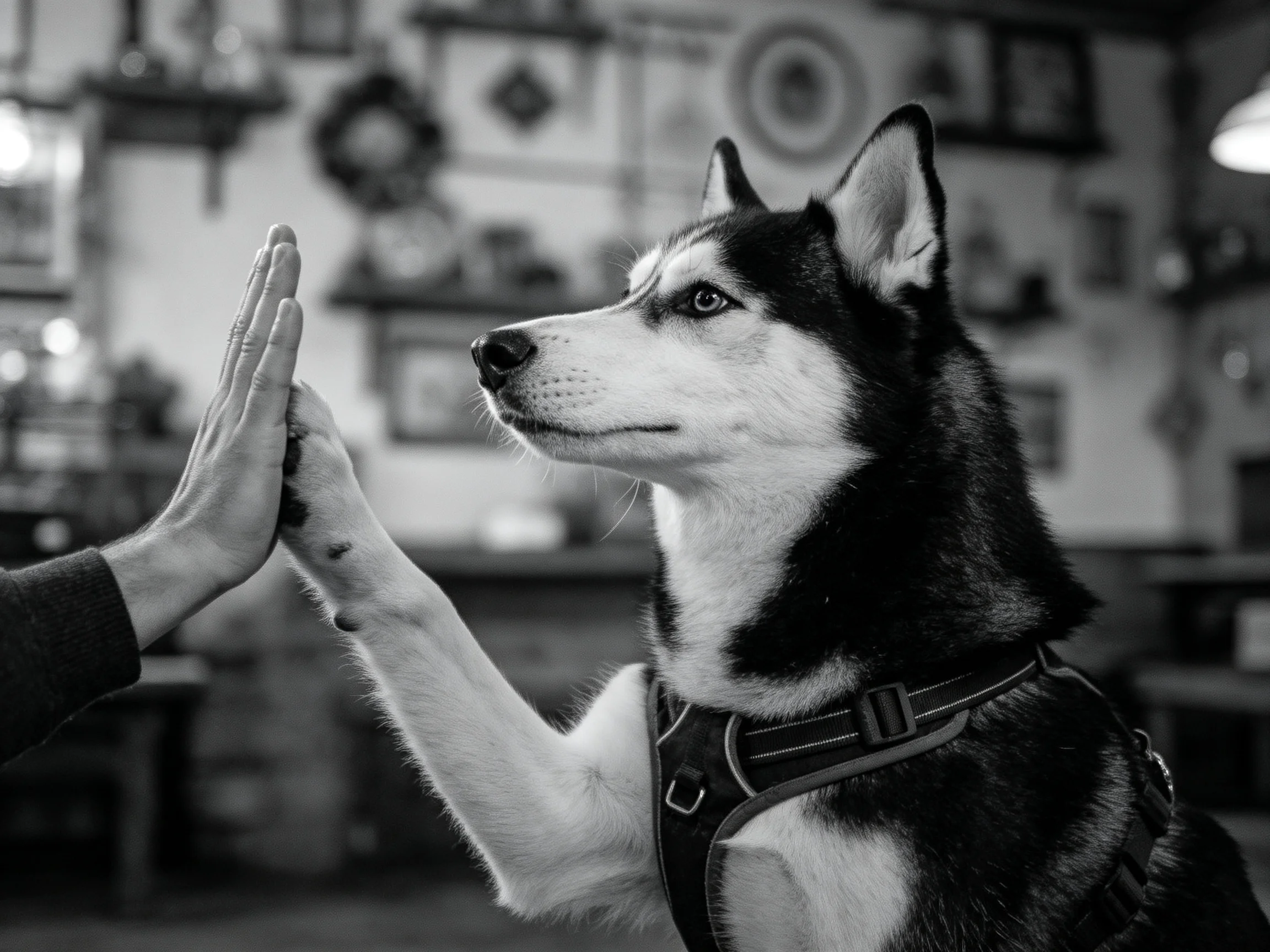 A Siberian Husky giving a high - five in a cozy indoor space
