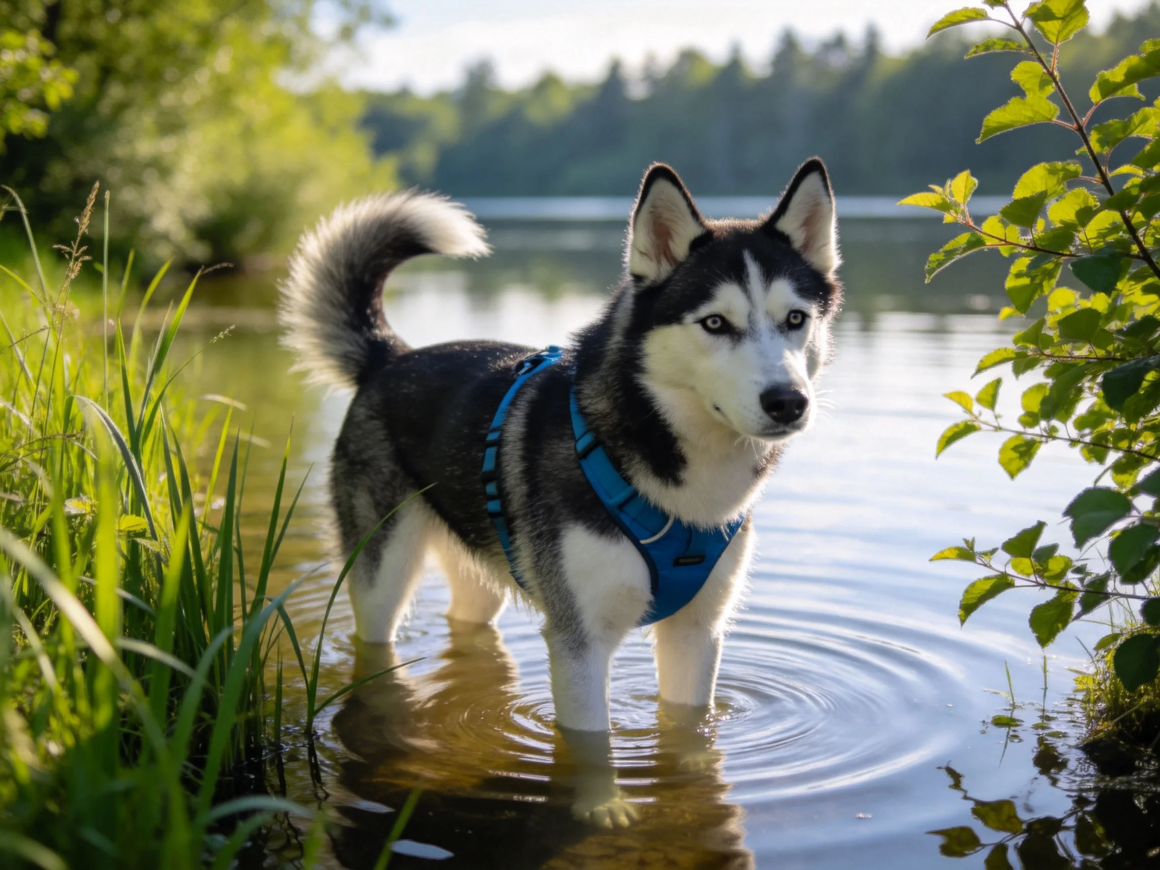 A Siberian Husky in a blue harness stands in calm lake water near lush greenery