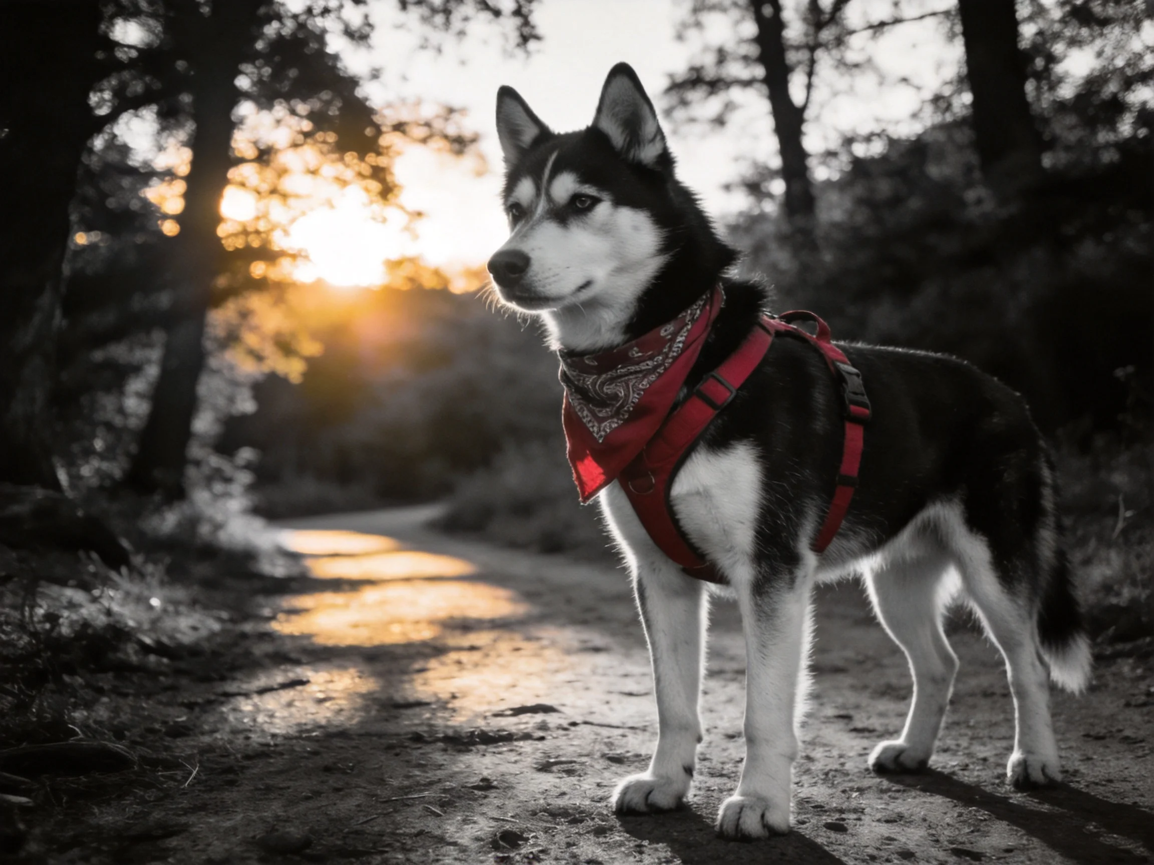 A Siberian Husky in a red harness stands on a forest path at sunset