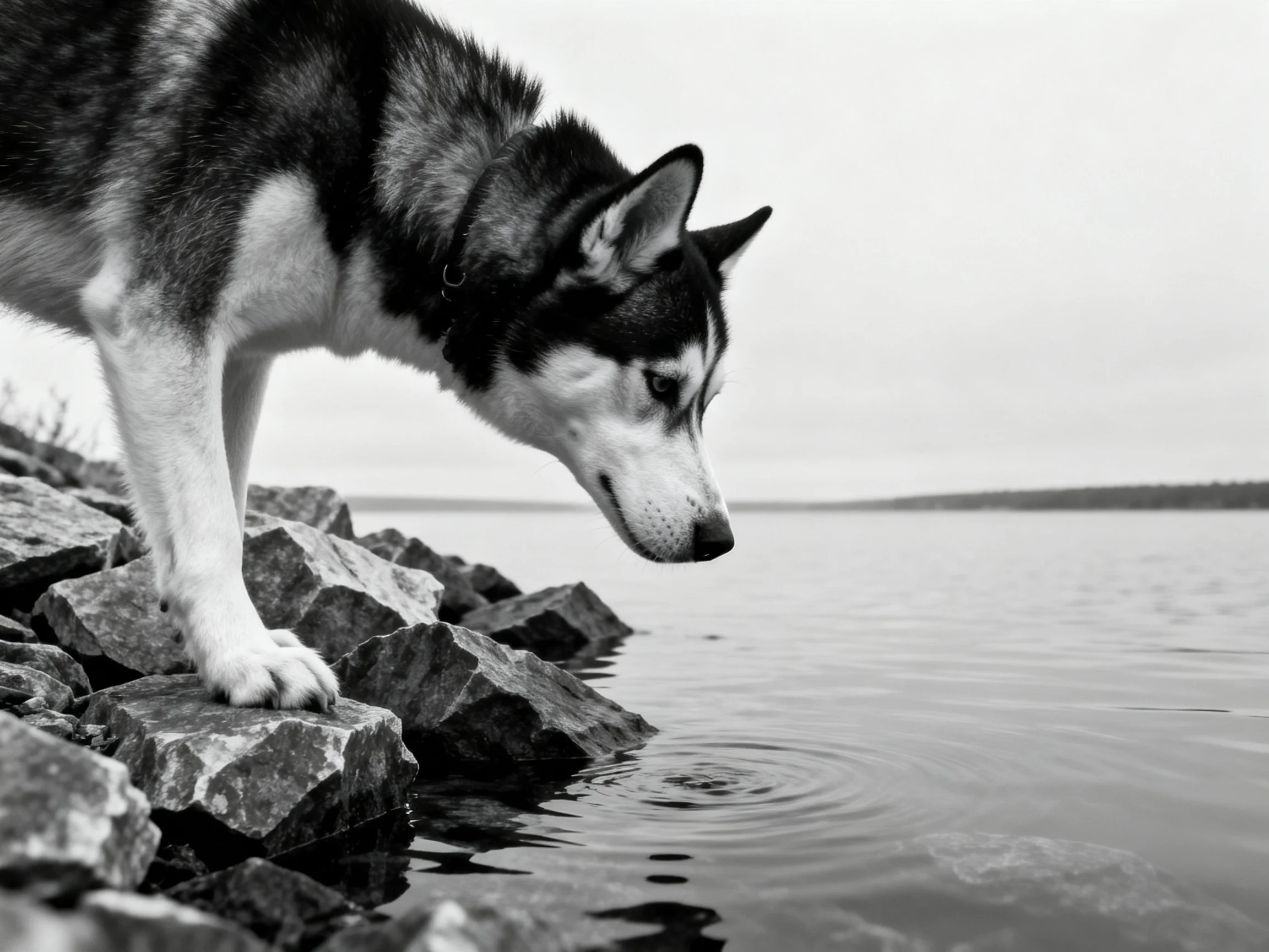A Siberian Husky inspects rocky shore by calm waters