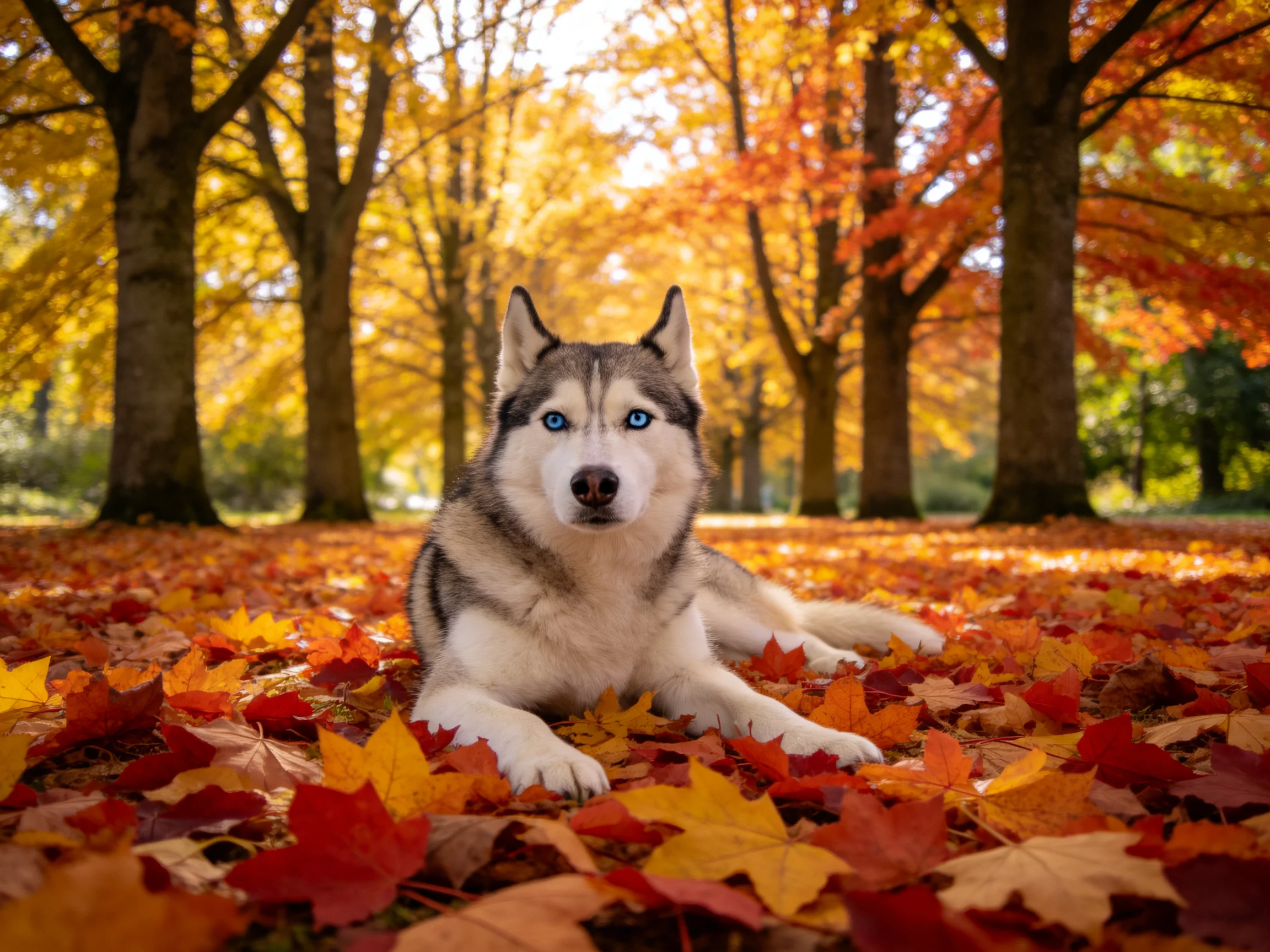 A Siberian Husky rests among abundant autumn leaves in a sunlit forest