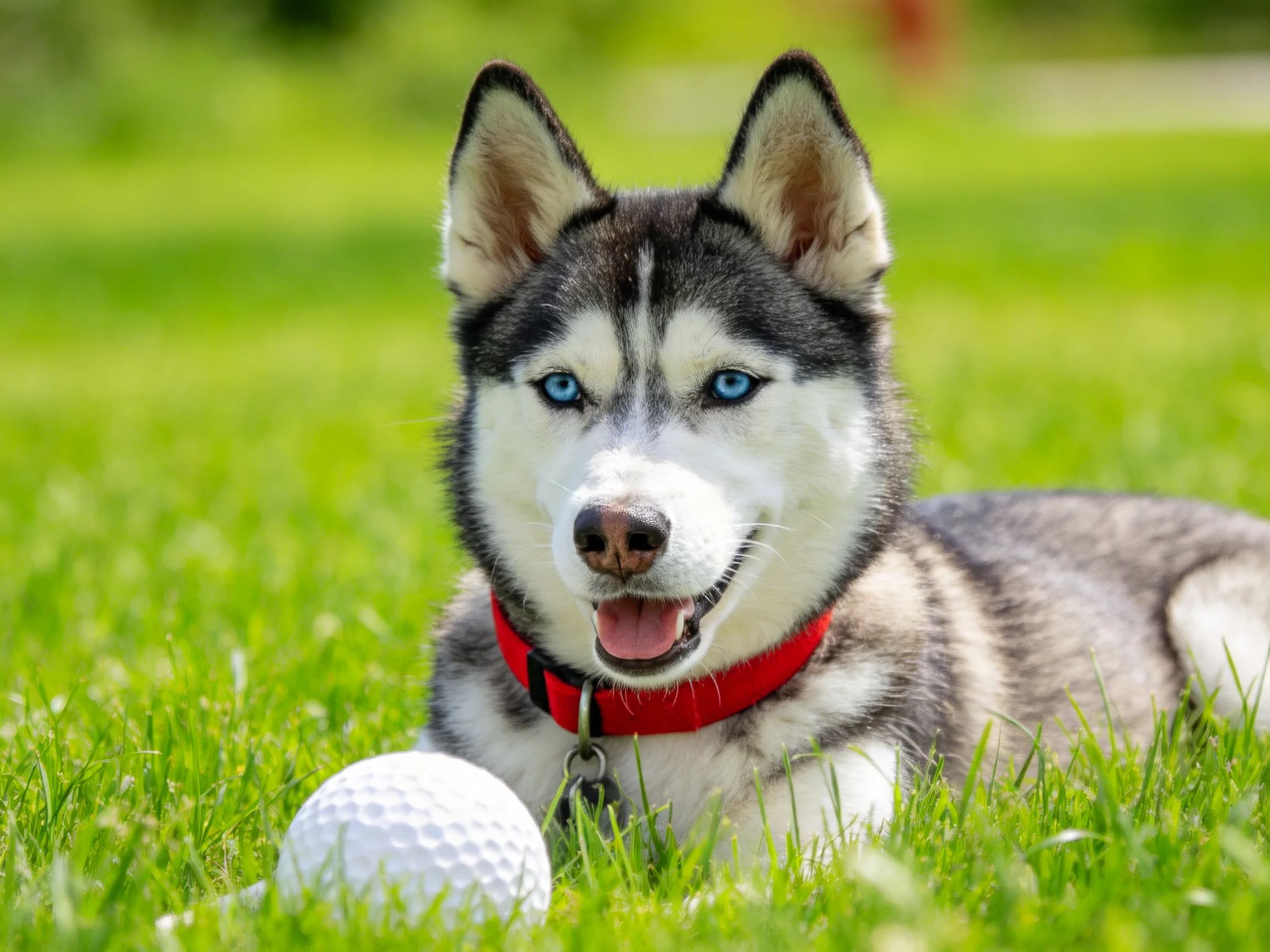 A Siberian Husky rests beside a white golf ball on lush green grass