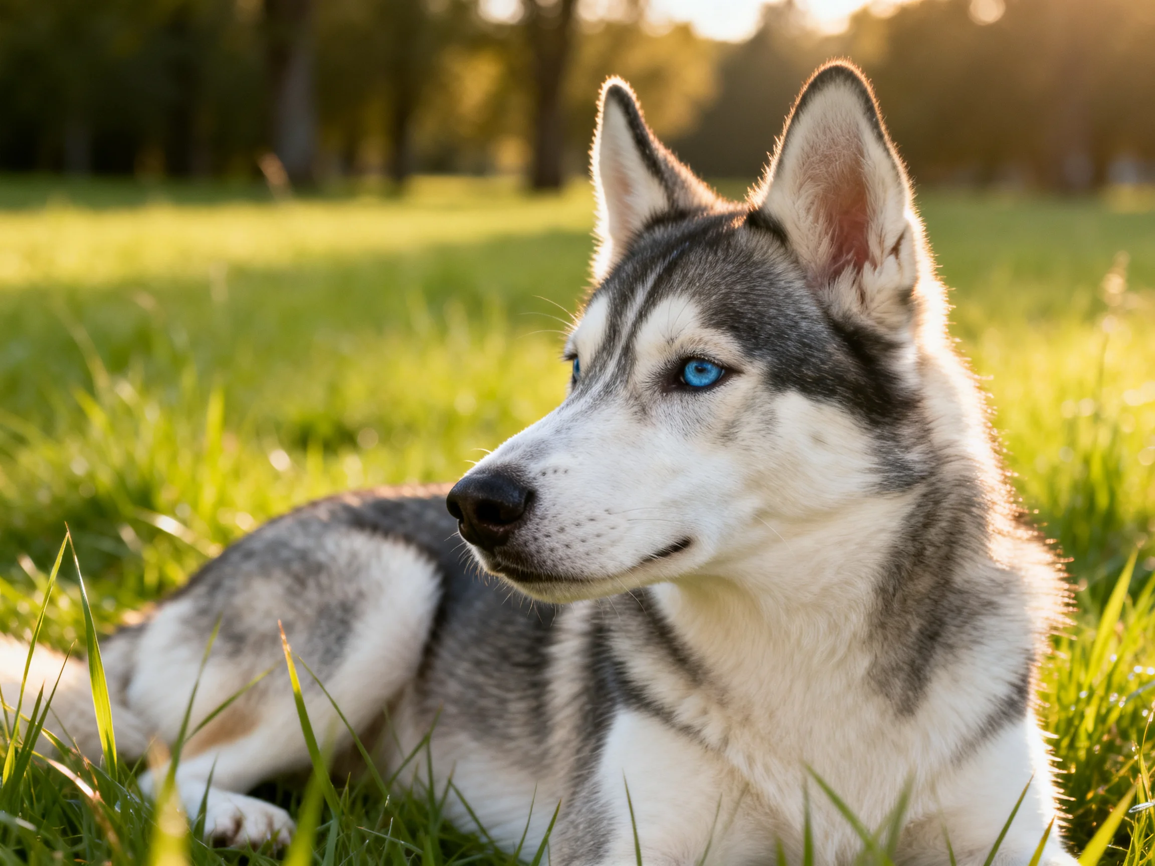 A Siberian Husky rests on lush green grass with striking blue eyes