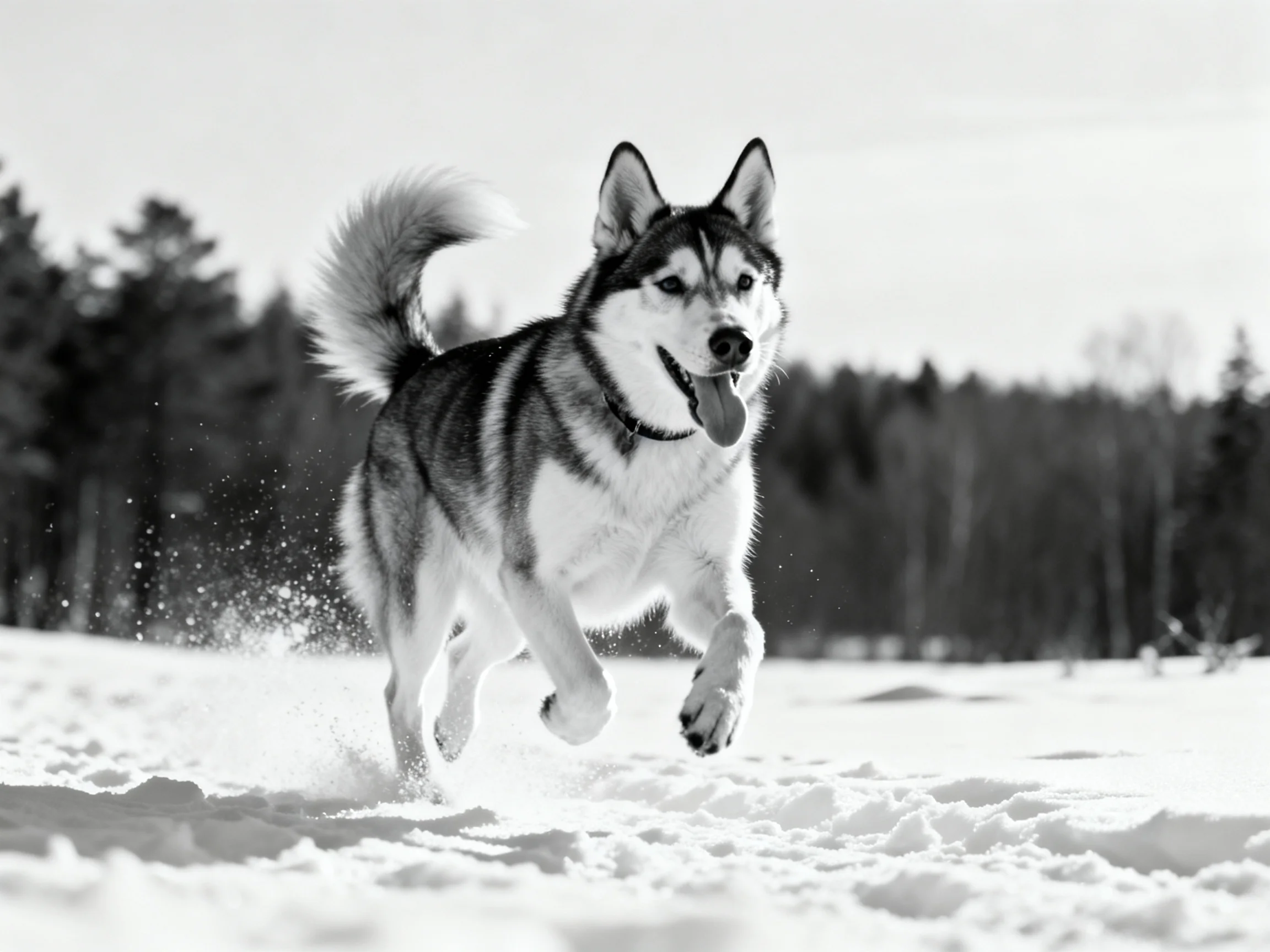 A Siberian Husky runs energetically through deep snow near a forest
