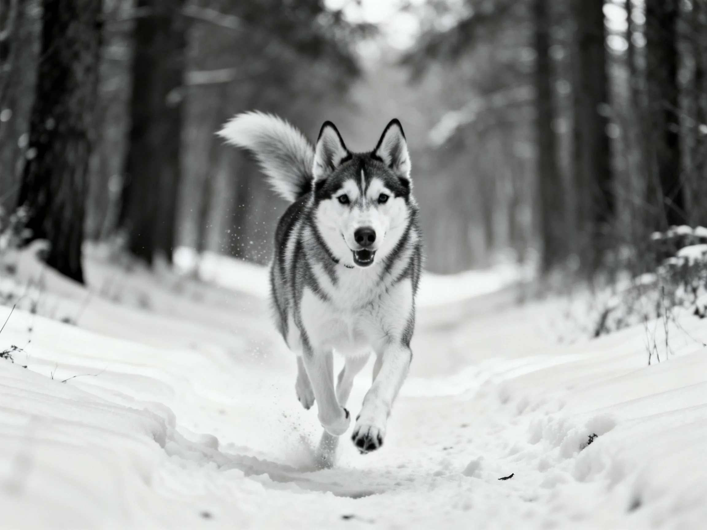 A Siberian Husky runs energetically along a snow-covered forest trail.