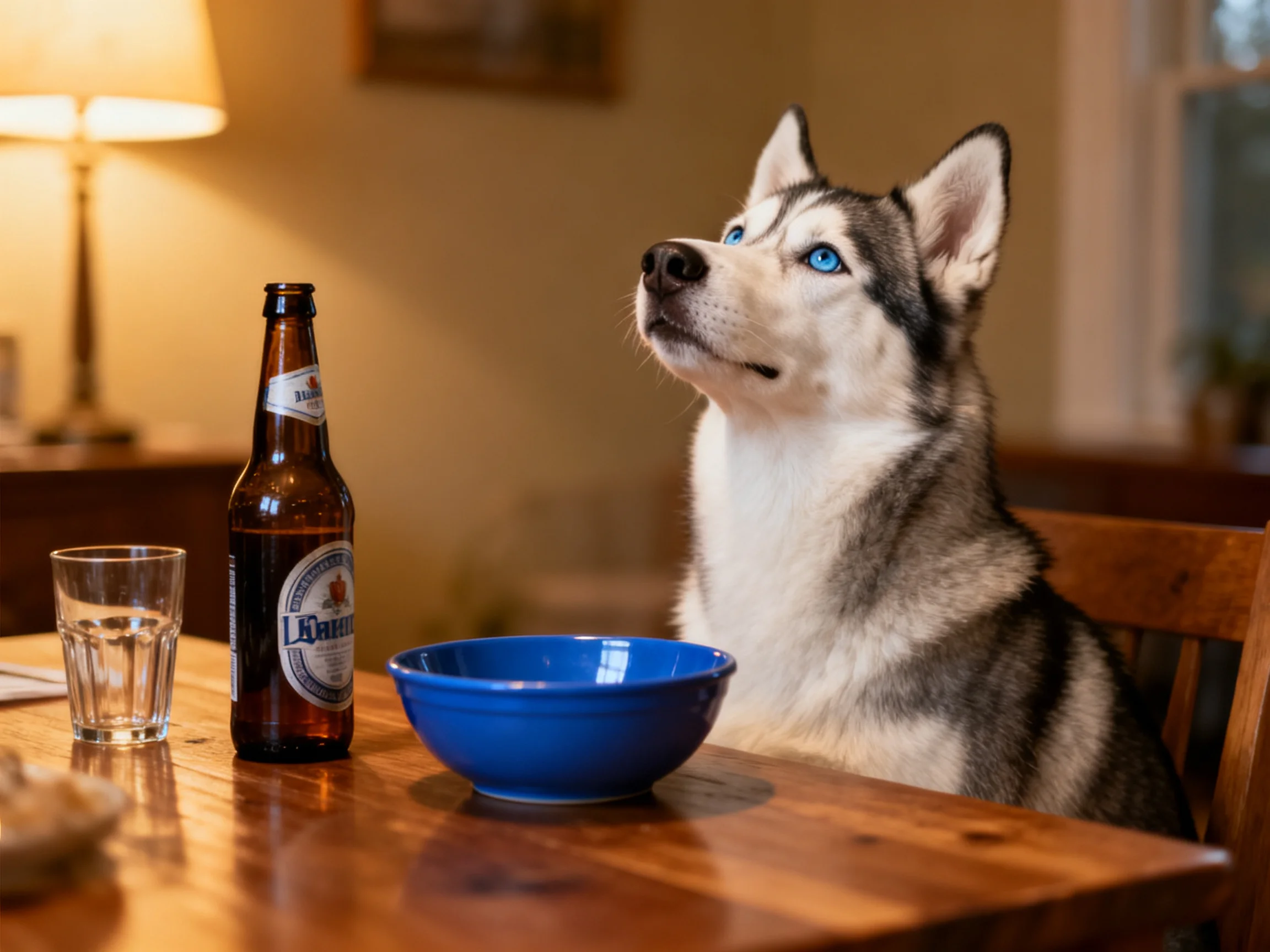A Siberian Husky sits at a wooden table with a blue bowl and beer bottle