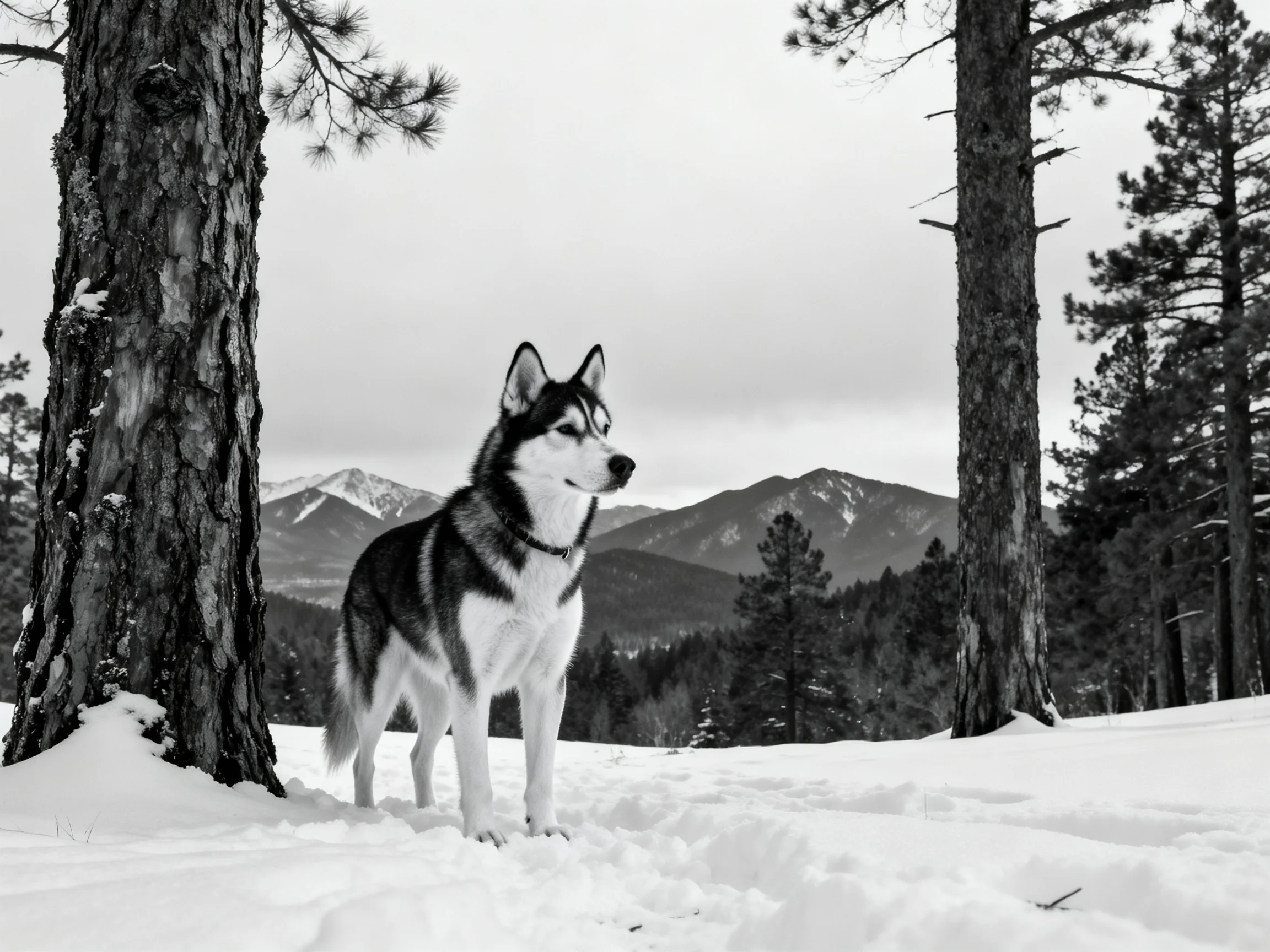 A Siberian Husky stands among snow-covered pine trees near mountain peaks