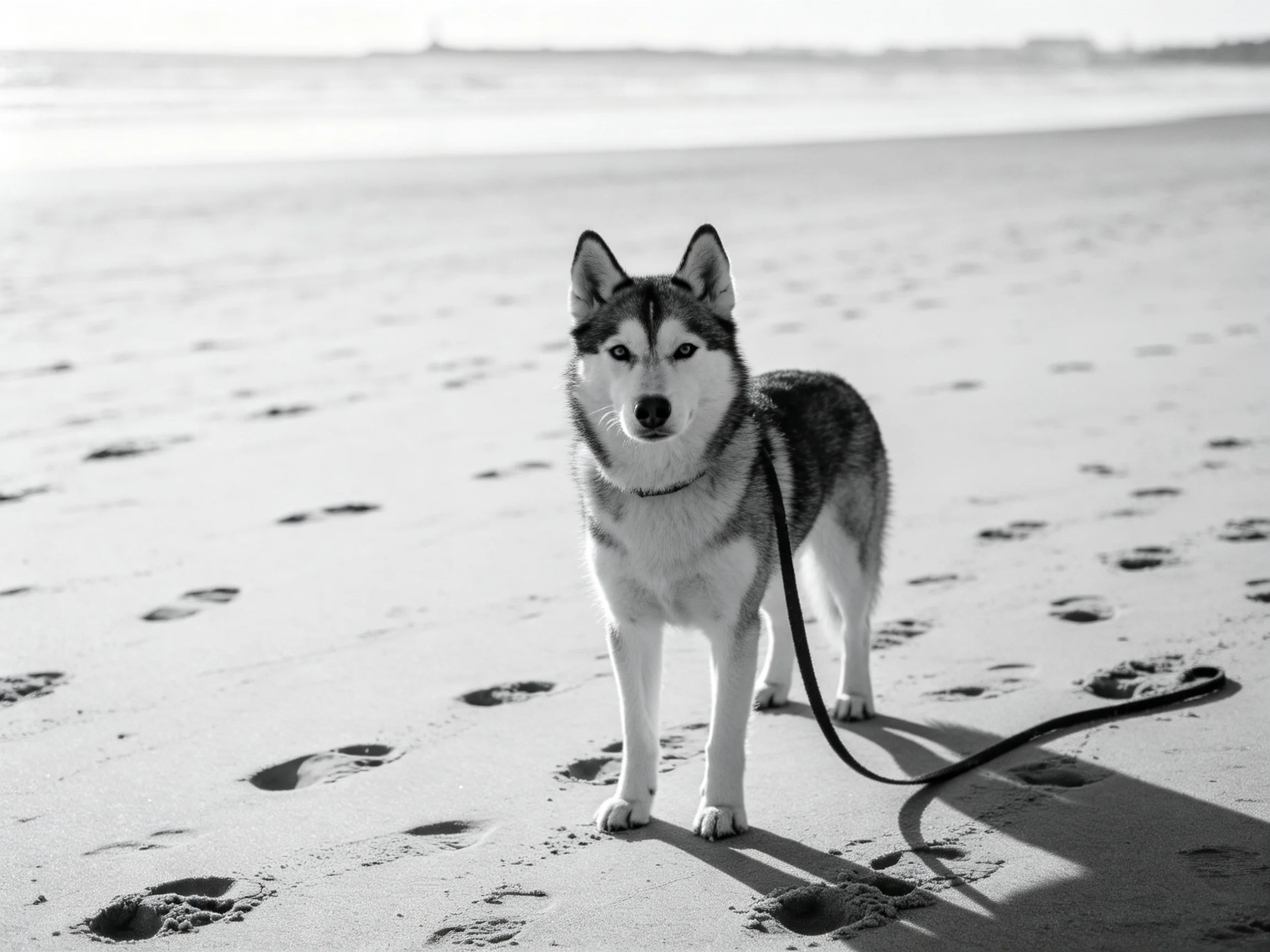 A Siberian Husky stands on a sandy beach with footprints