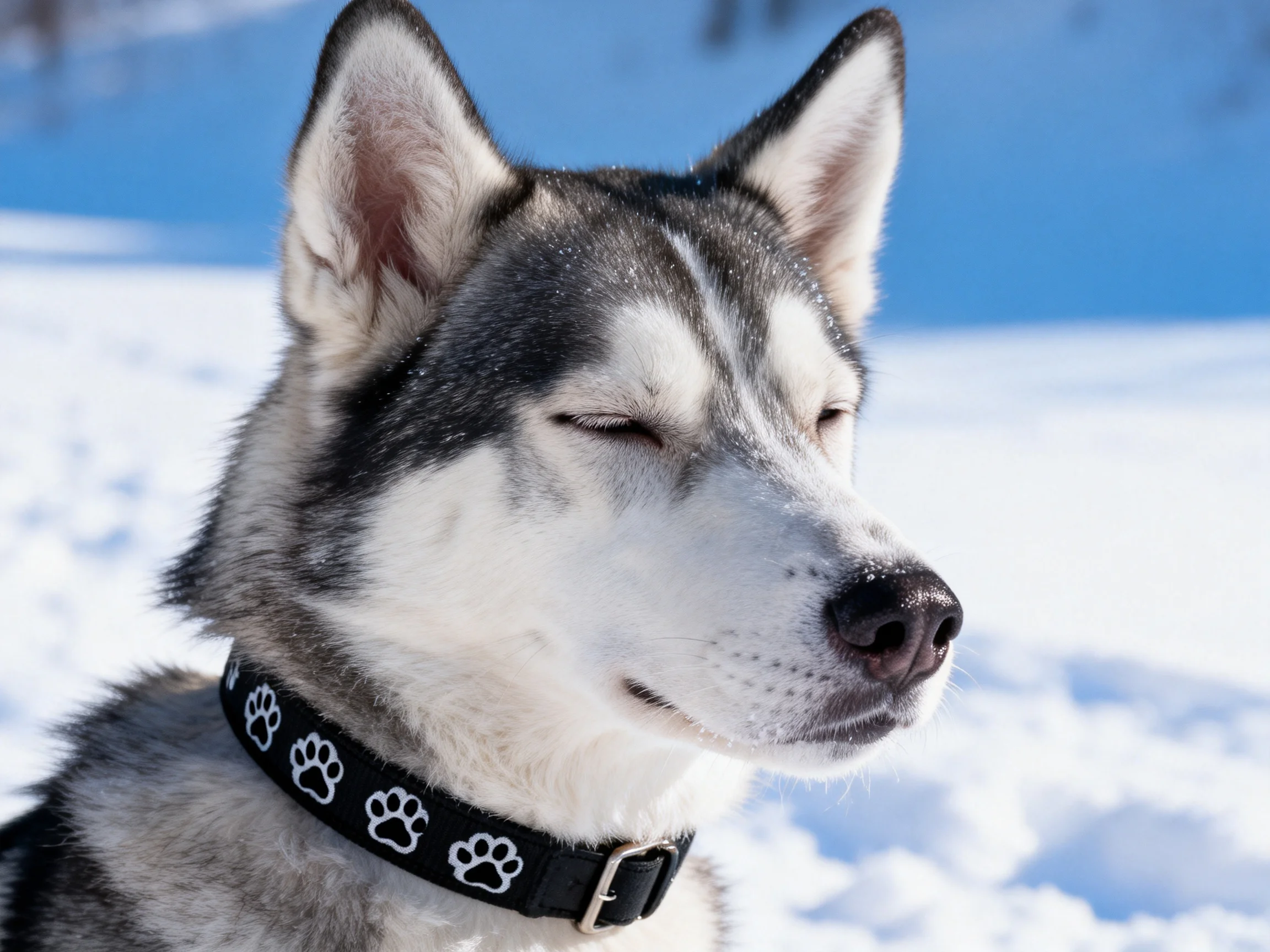 A Siberian Husky with a paw-print collar in a bright snowy landscape