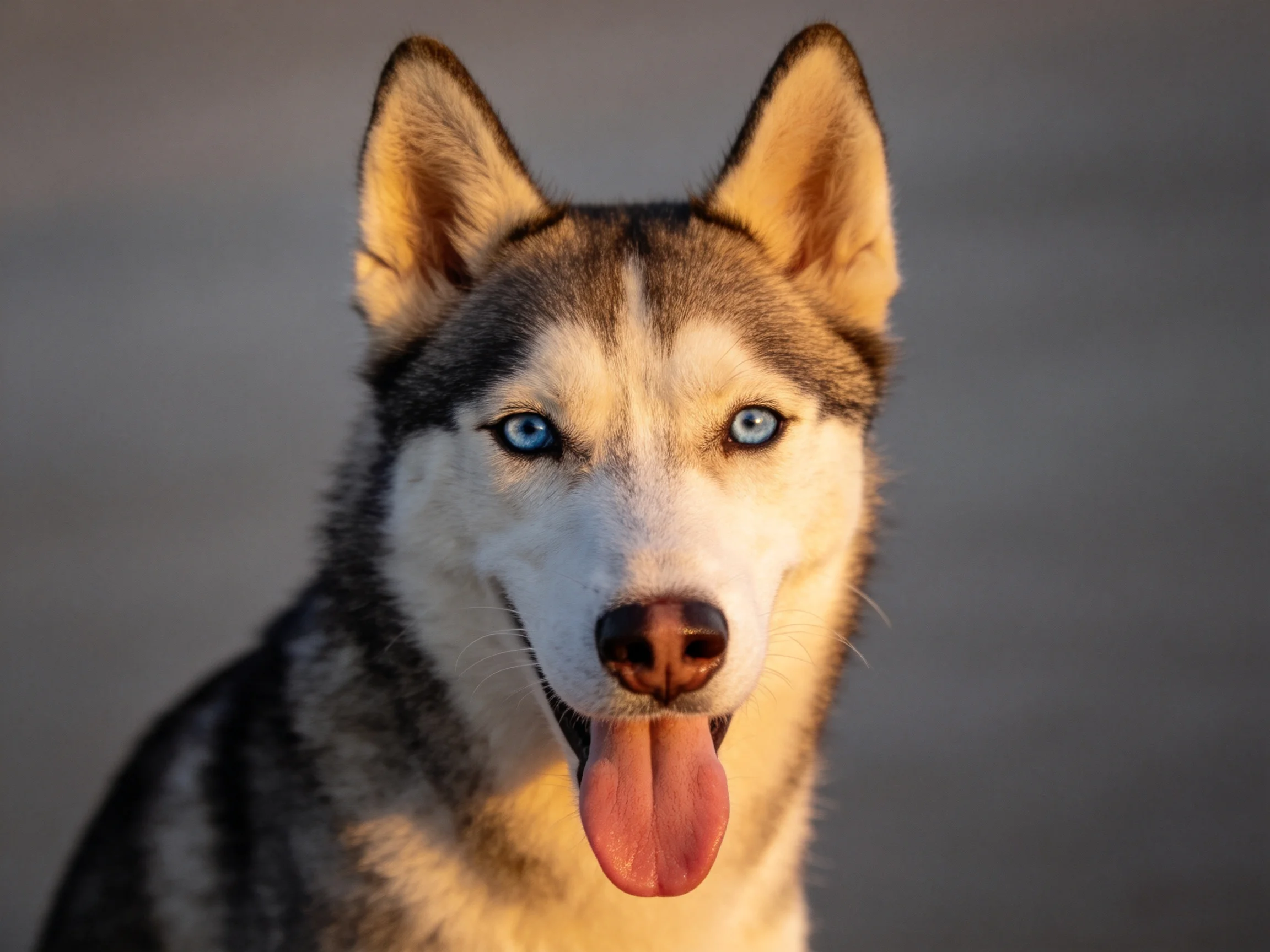 A Siberian Husky with blue eyes and gray-white fur under warm lighting