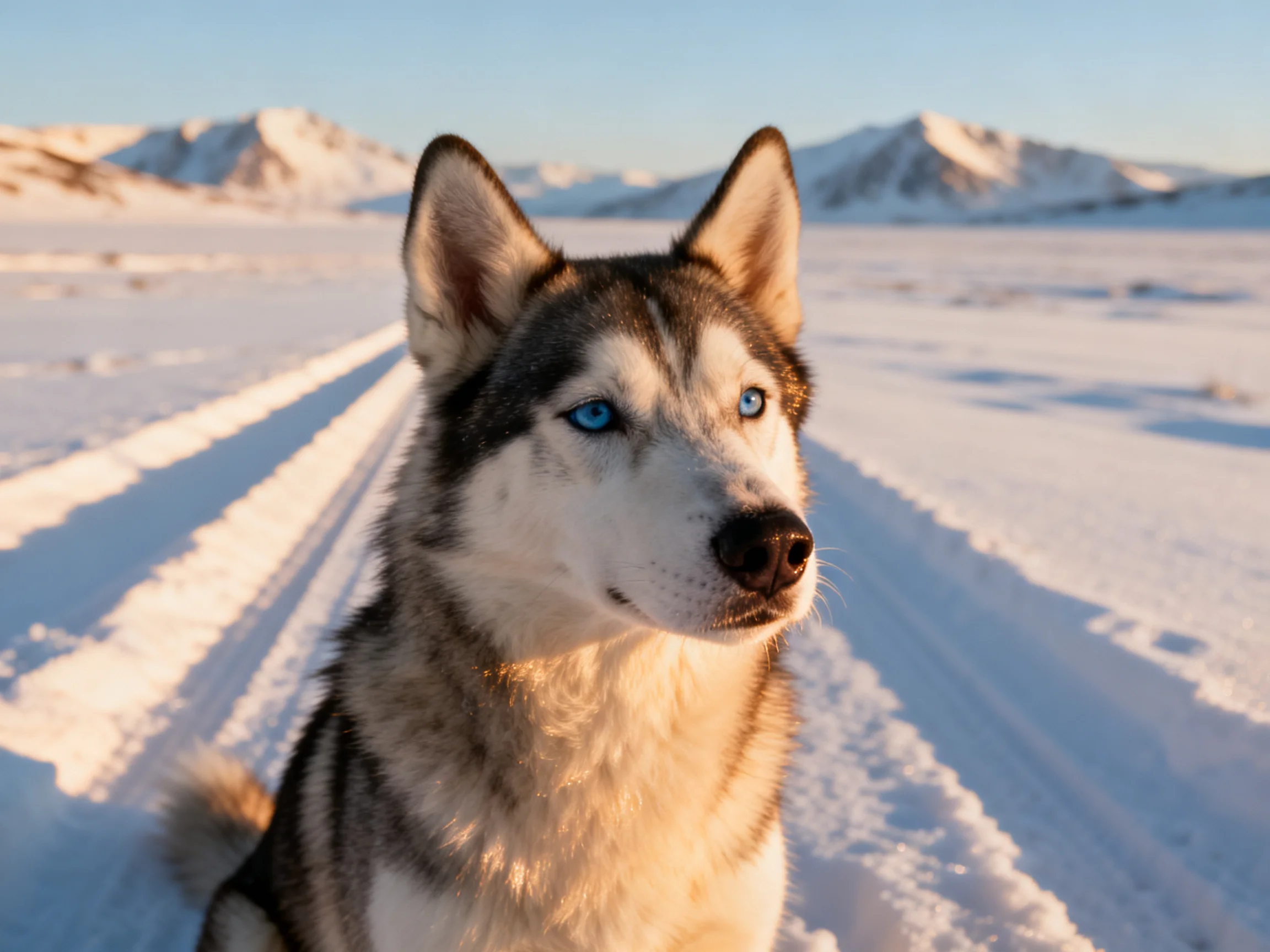 A Siberian Husky with blue eyes in a snowy mountainous landscape