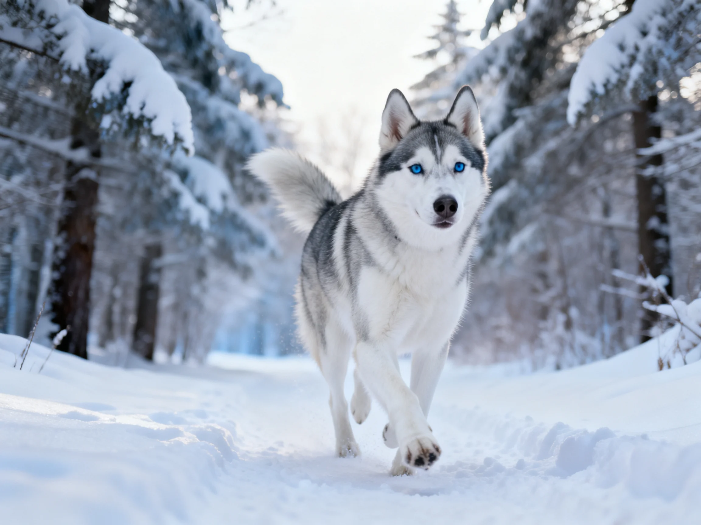 A Siberian Husky with blue eyes running through a snow-covered forest