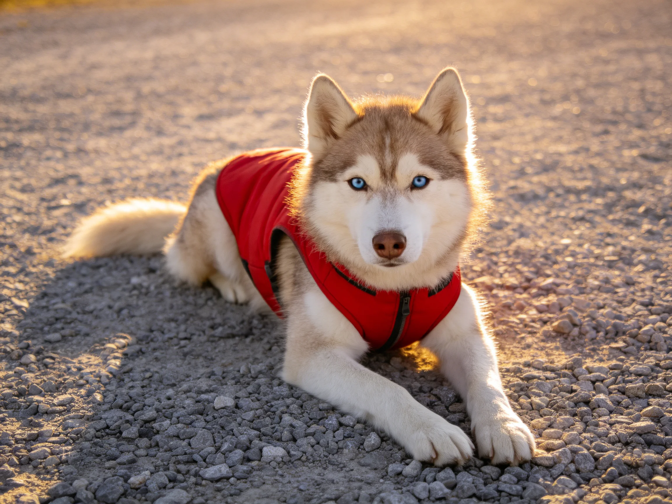 A Siberian Husky with blue eyes wears a red vest on gravel