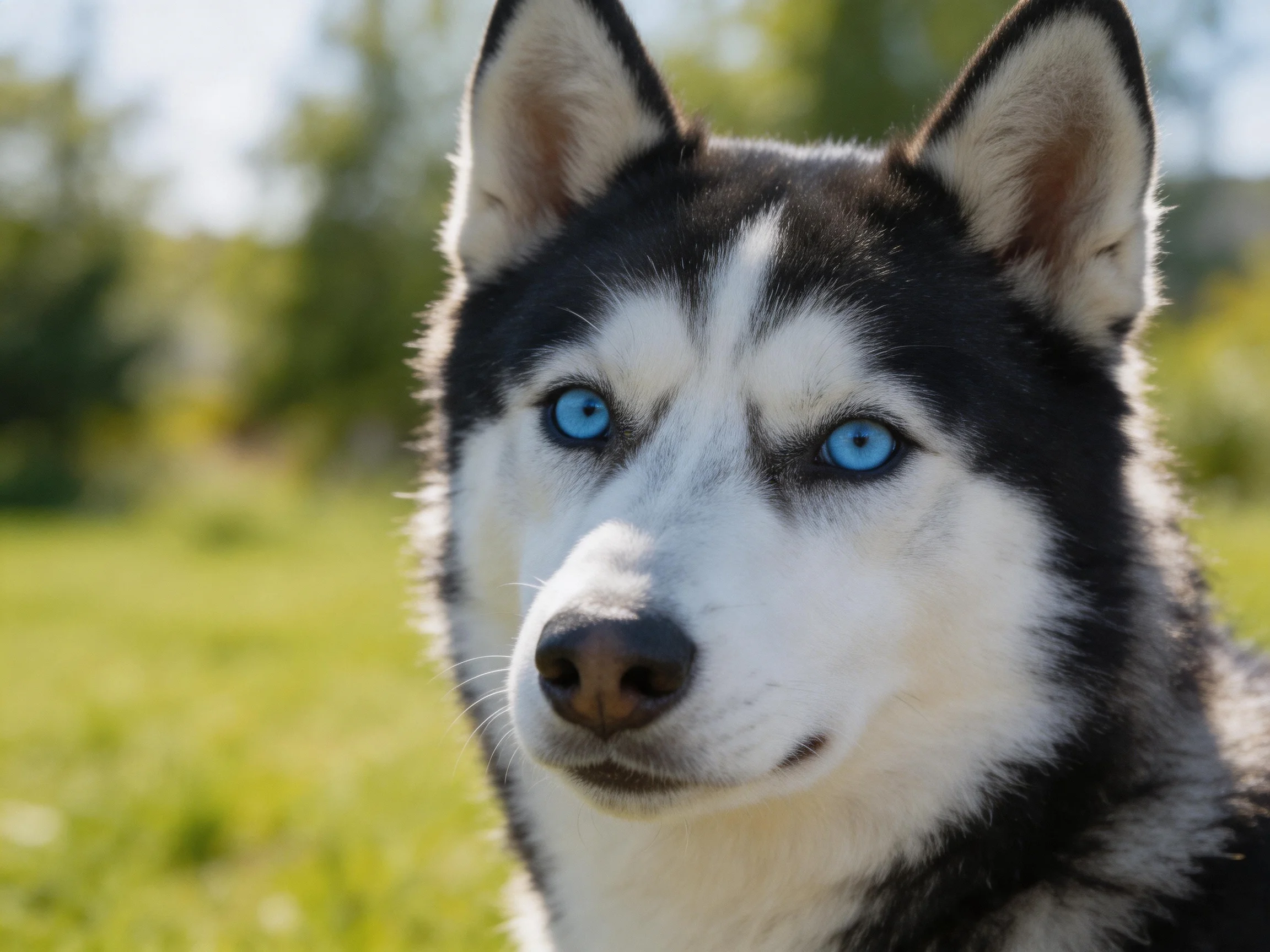 A Siberian Husky with bright blue eyes in a sunlit grassy area