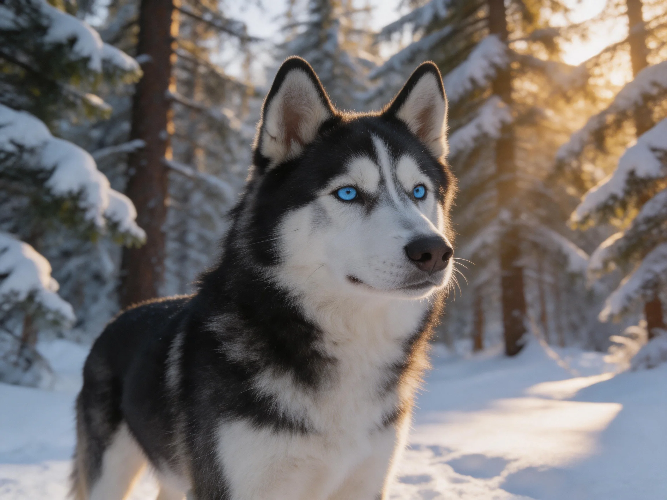 A Siberian Husky with bright blue eyes in a sunlit snowy forest