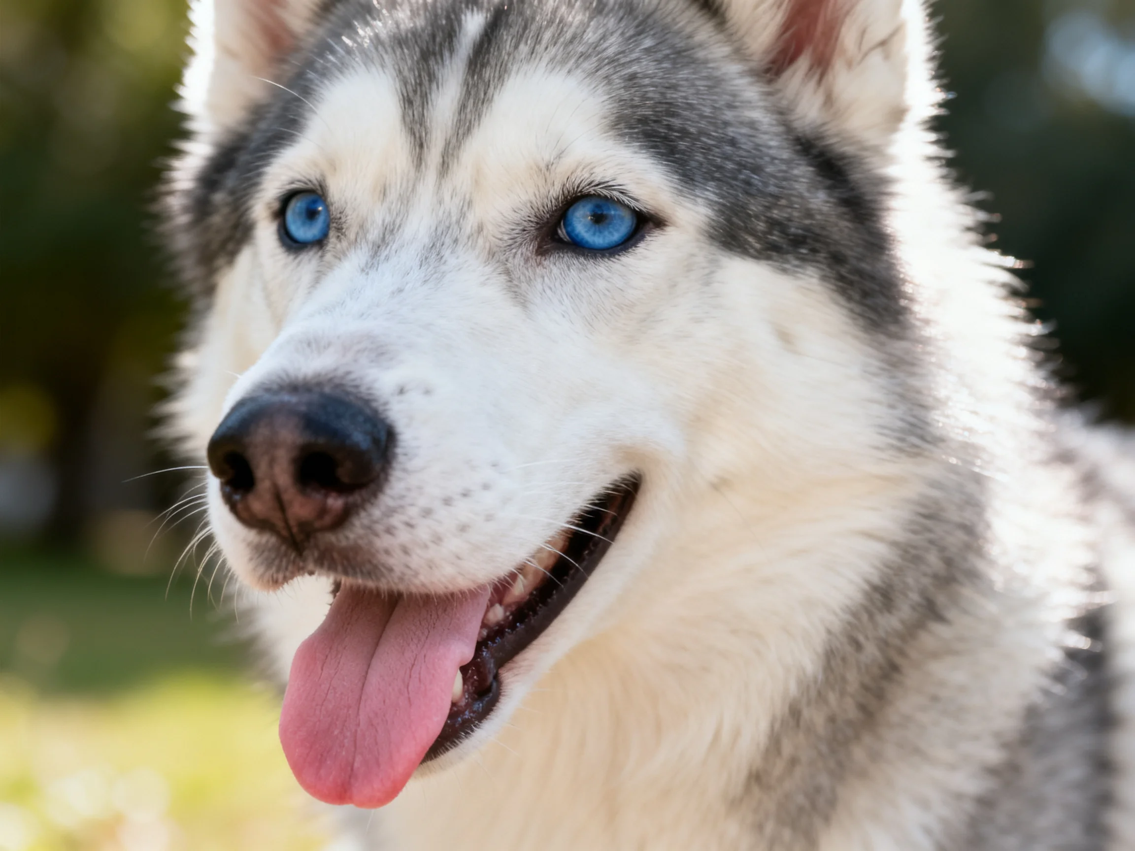 A Siberian Husky with bright blue eyes in an outdoor setting