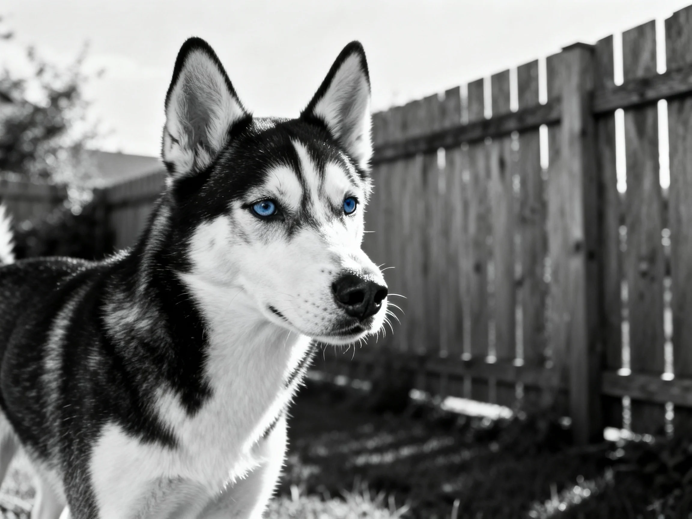 A Siberian Husky with blue eyes stands near a wooden fence outdoors.