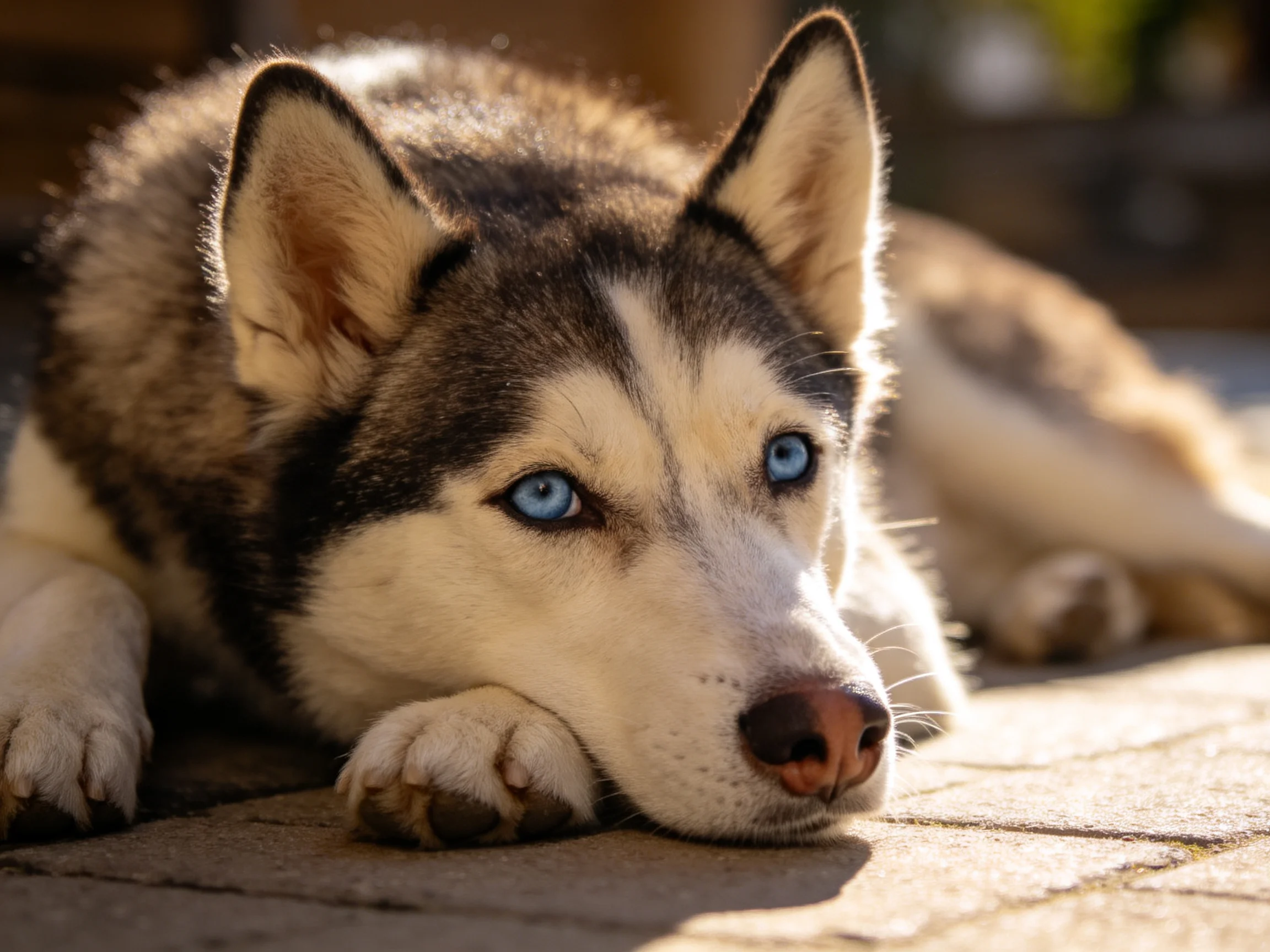 A Siberian Husky with bright blue eyes rests on sunlit pavement