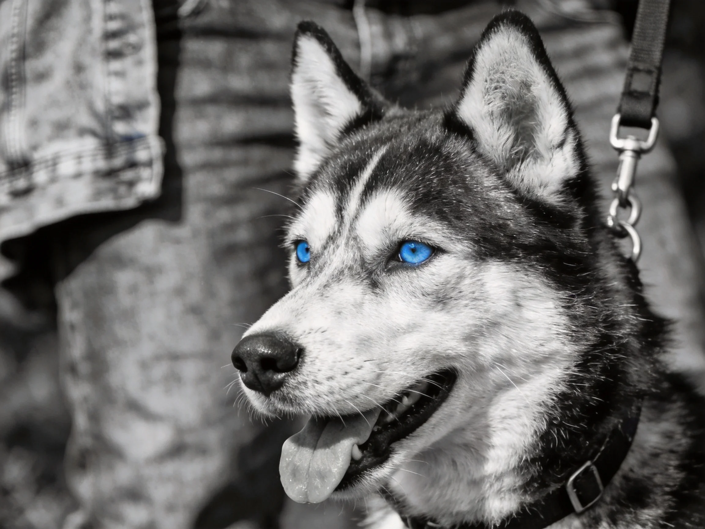 A Siberian Husky with bright blue eyes, wearing a collar, near denim