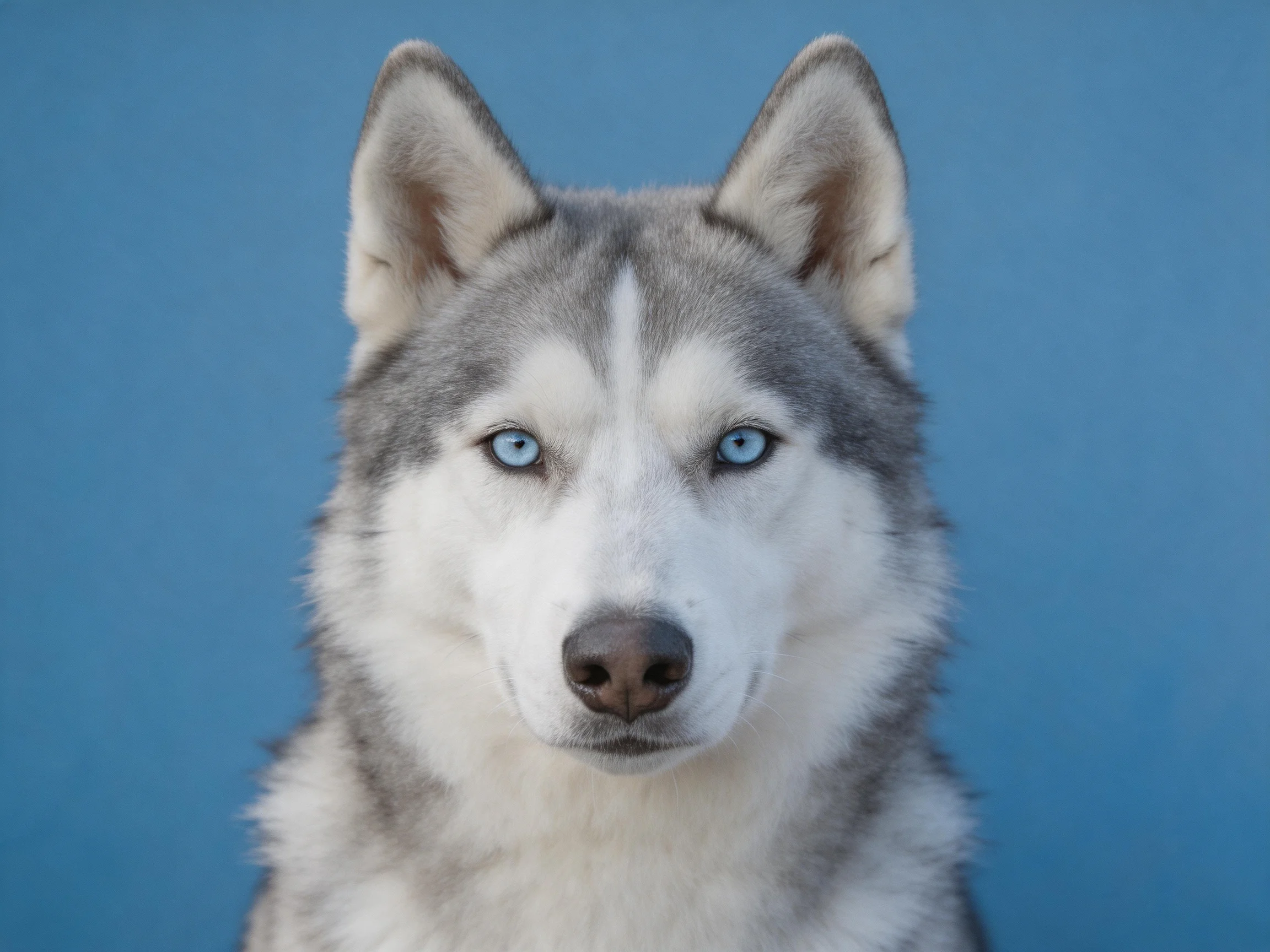 A Siberian Husky with gray and white fur stands before a blue backdrop.