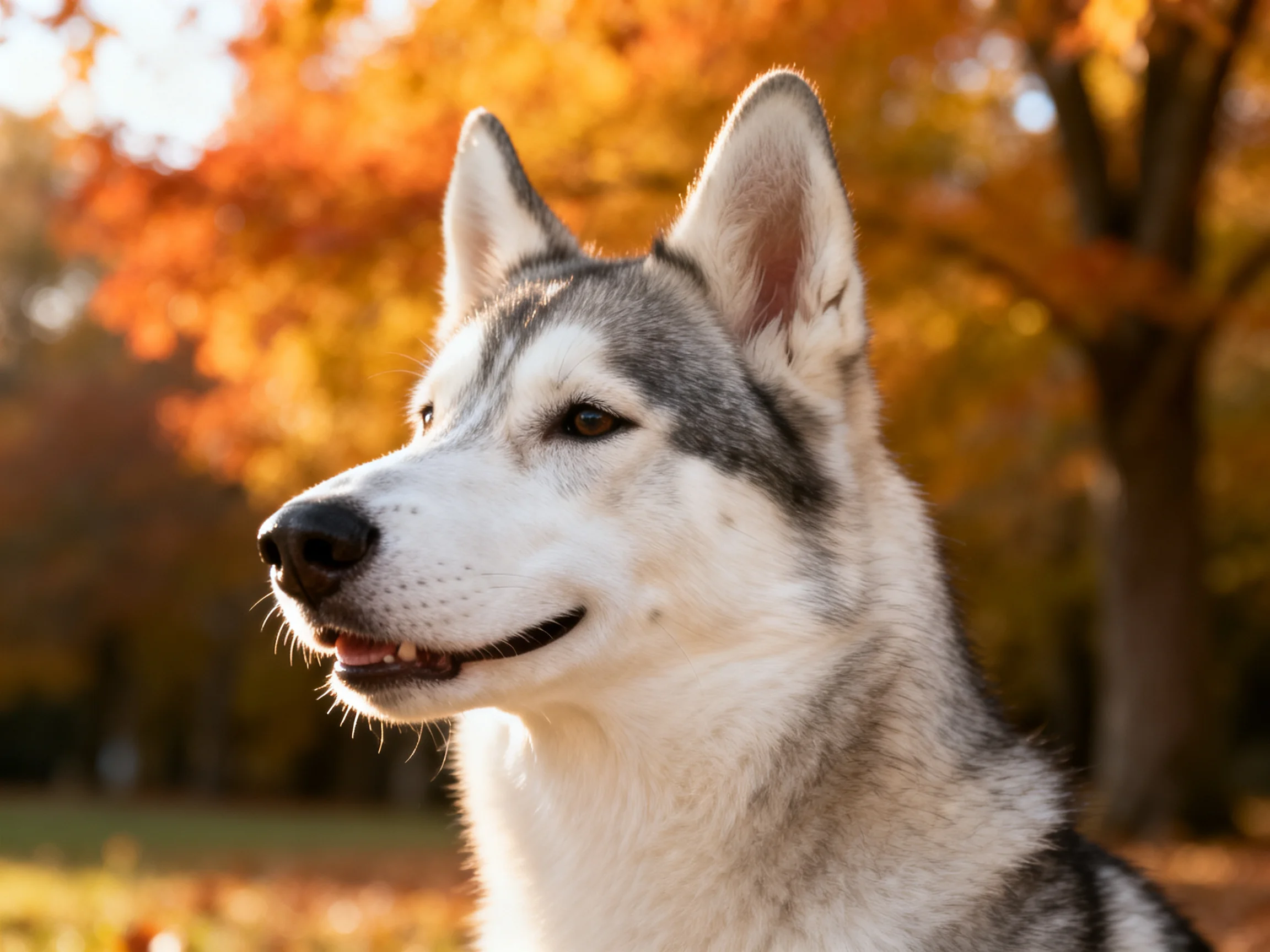 A Siberian Husky stands calmly amid colorful autumn trees.