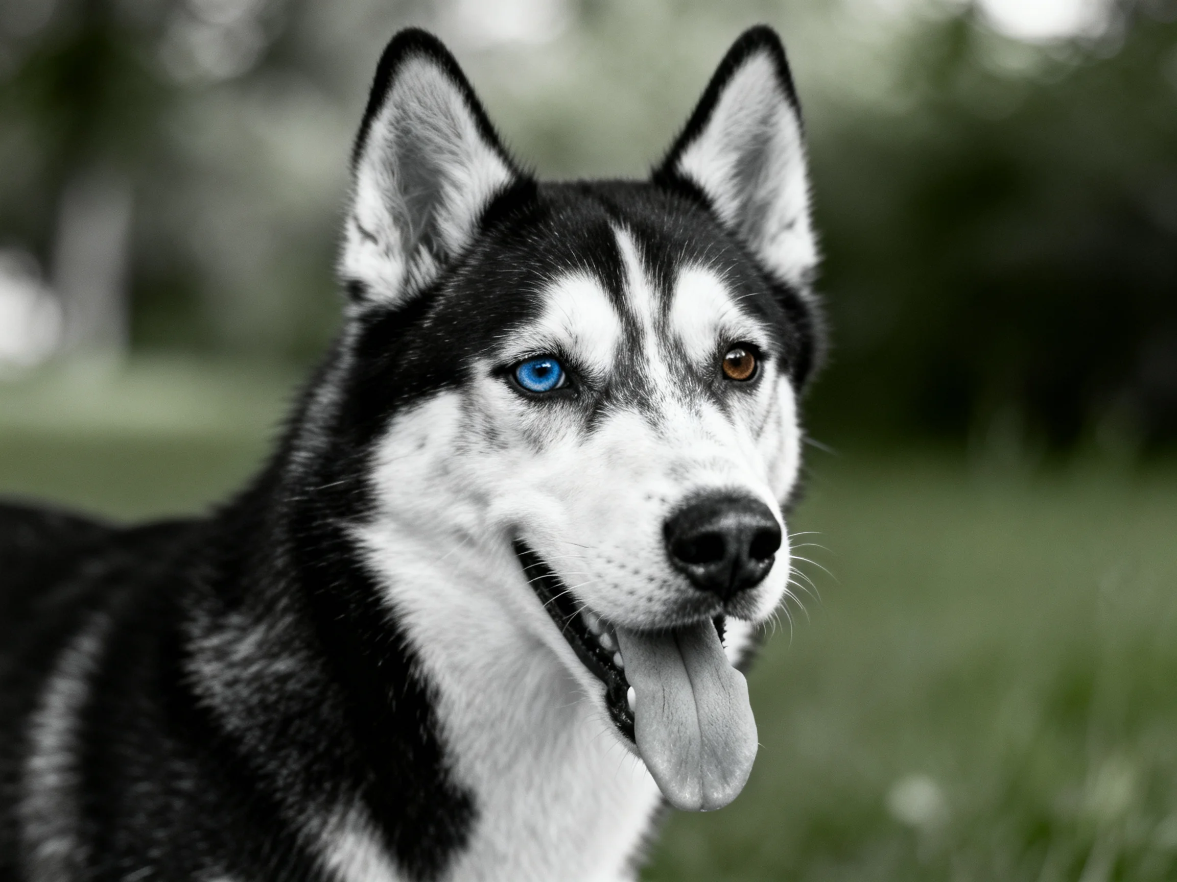 A Siberian Husky with heterochromatic eyes in a grassy outdoor setting
