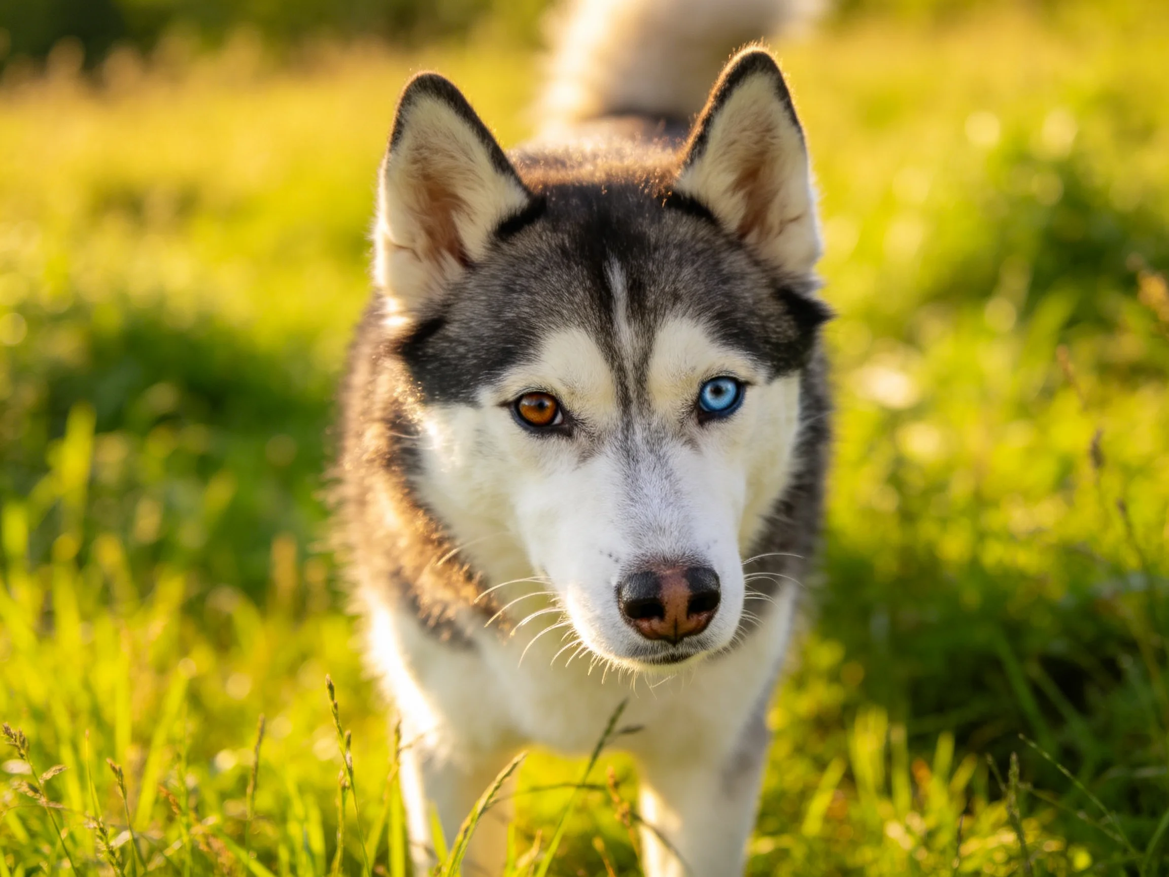 A Siberian Husky with heterochromatic eyes in a sunlit green meadow