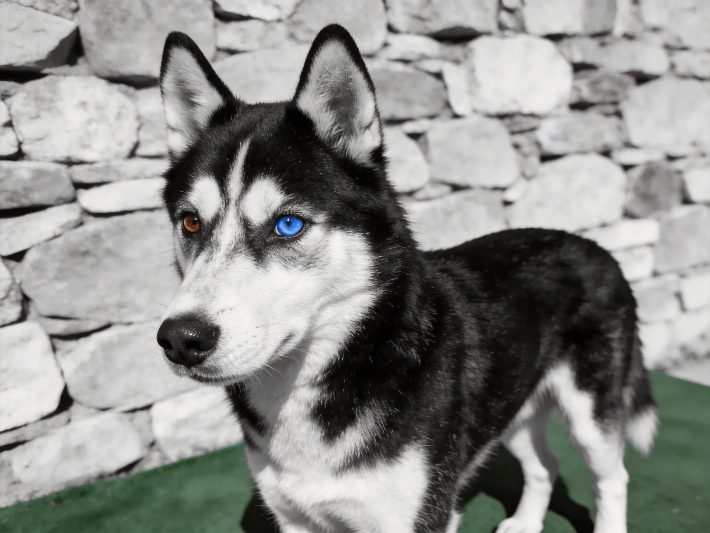 A Siberian Husky with heterochromatic eyes stands before a stone wall