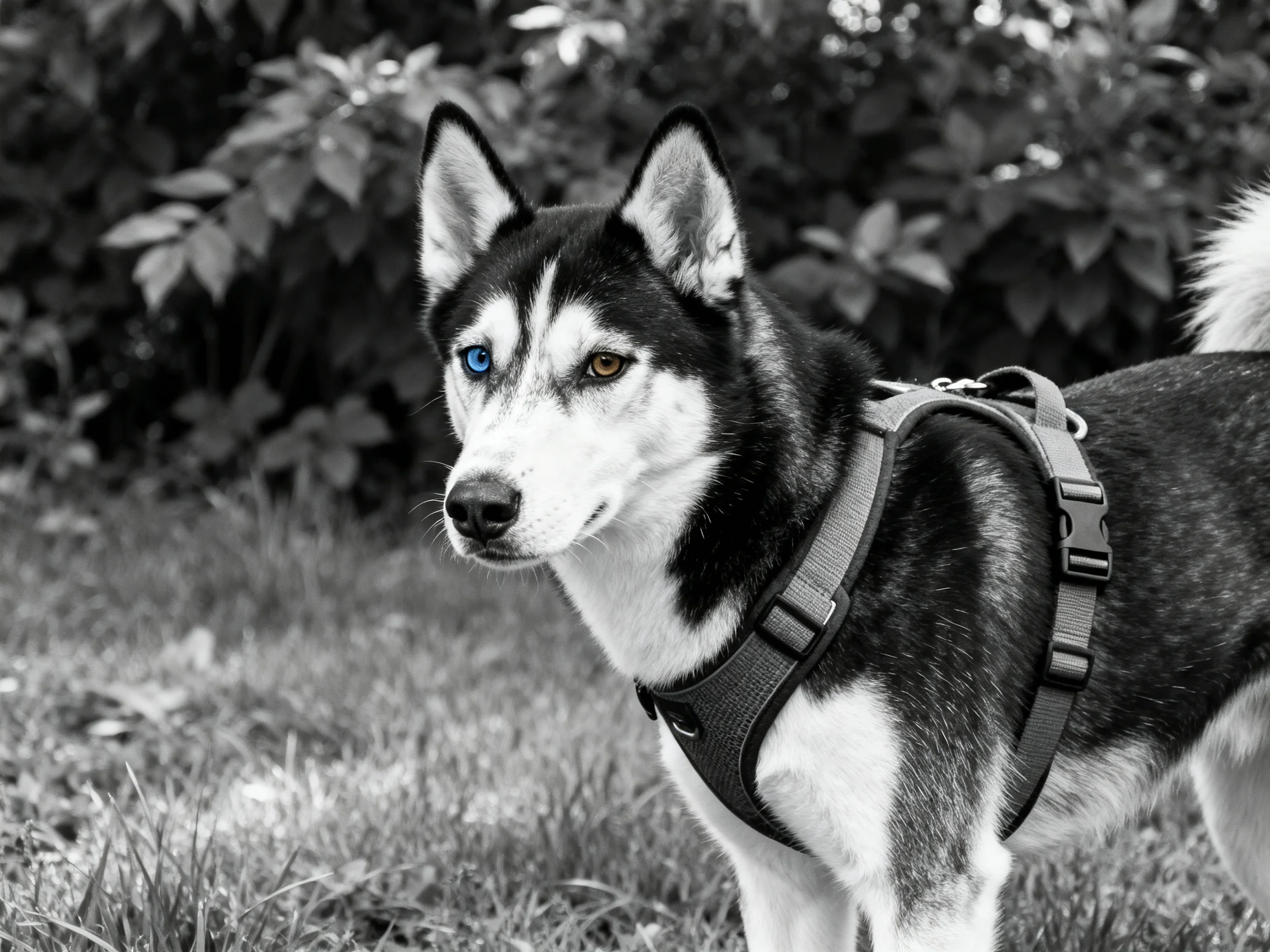 A Siberian Husky with heterochromia wears a harness amid lush foliage