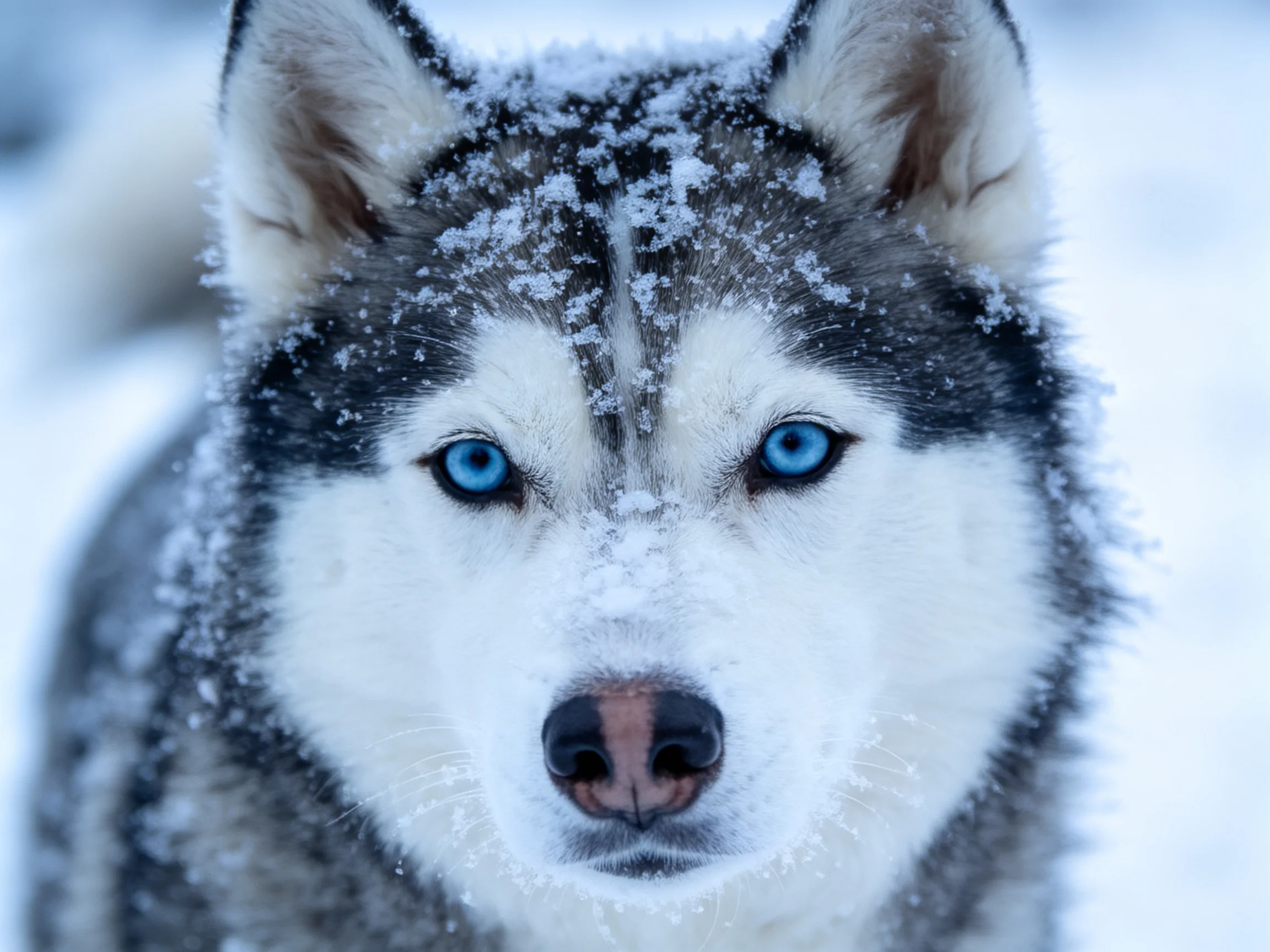 A Siberian Husky with snow-covered fur and vivid blue eyes in a wintry scene