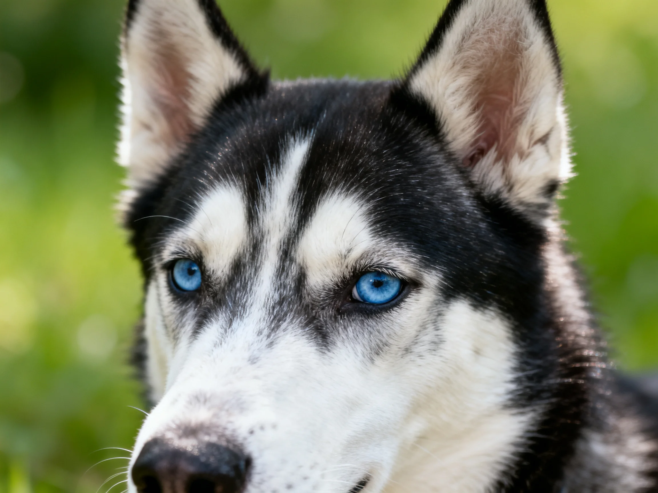 A Siberian Husky with striking blue eyes in a lush green outdoor setting
