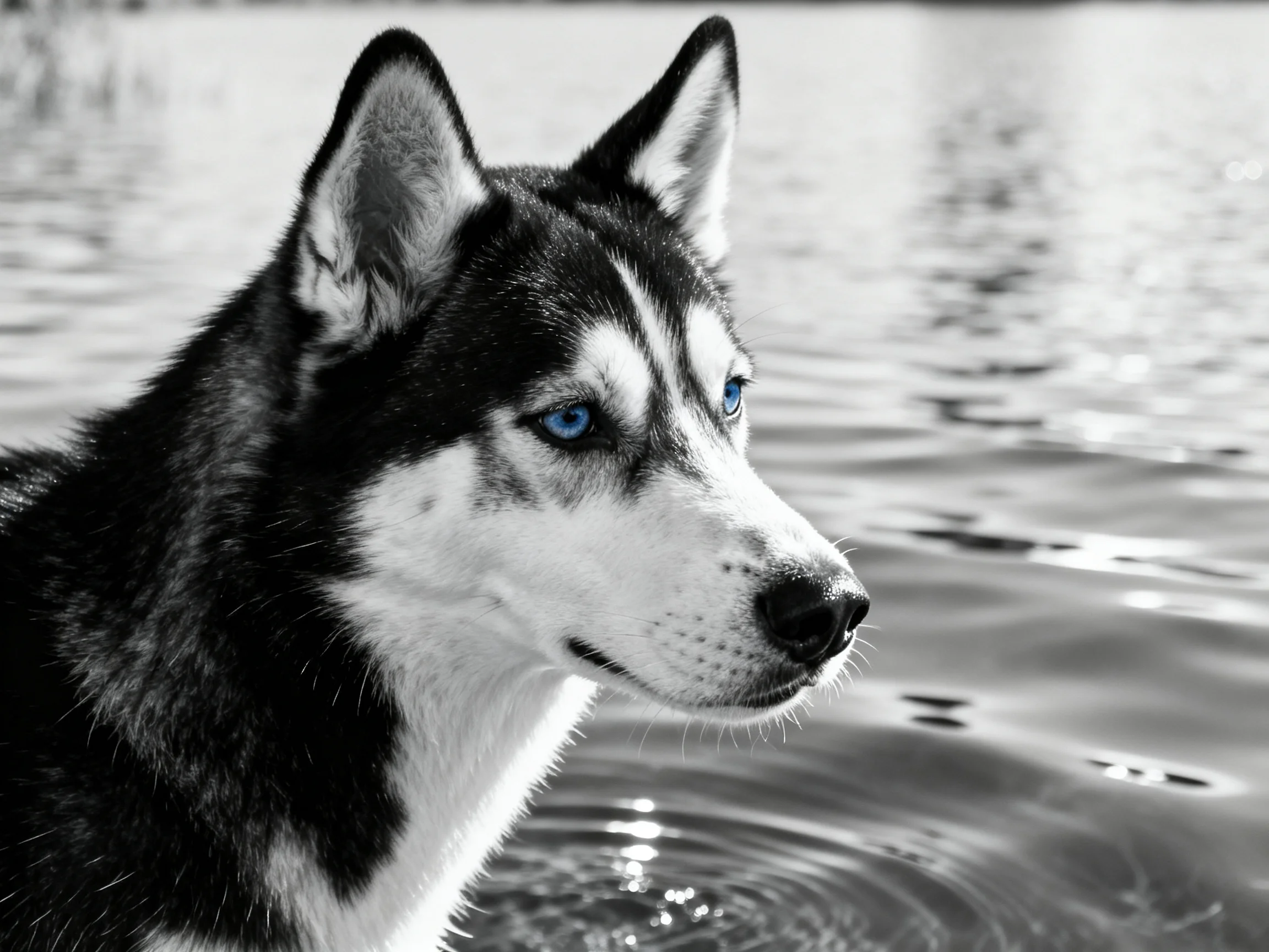 A Siberian Husky with striking blue eyes near rippling water