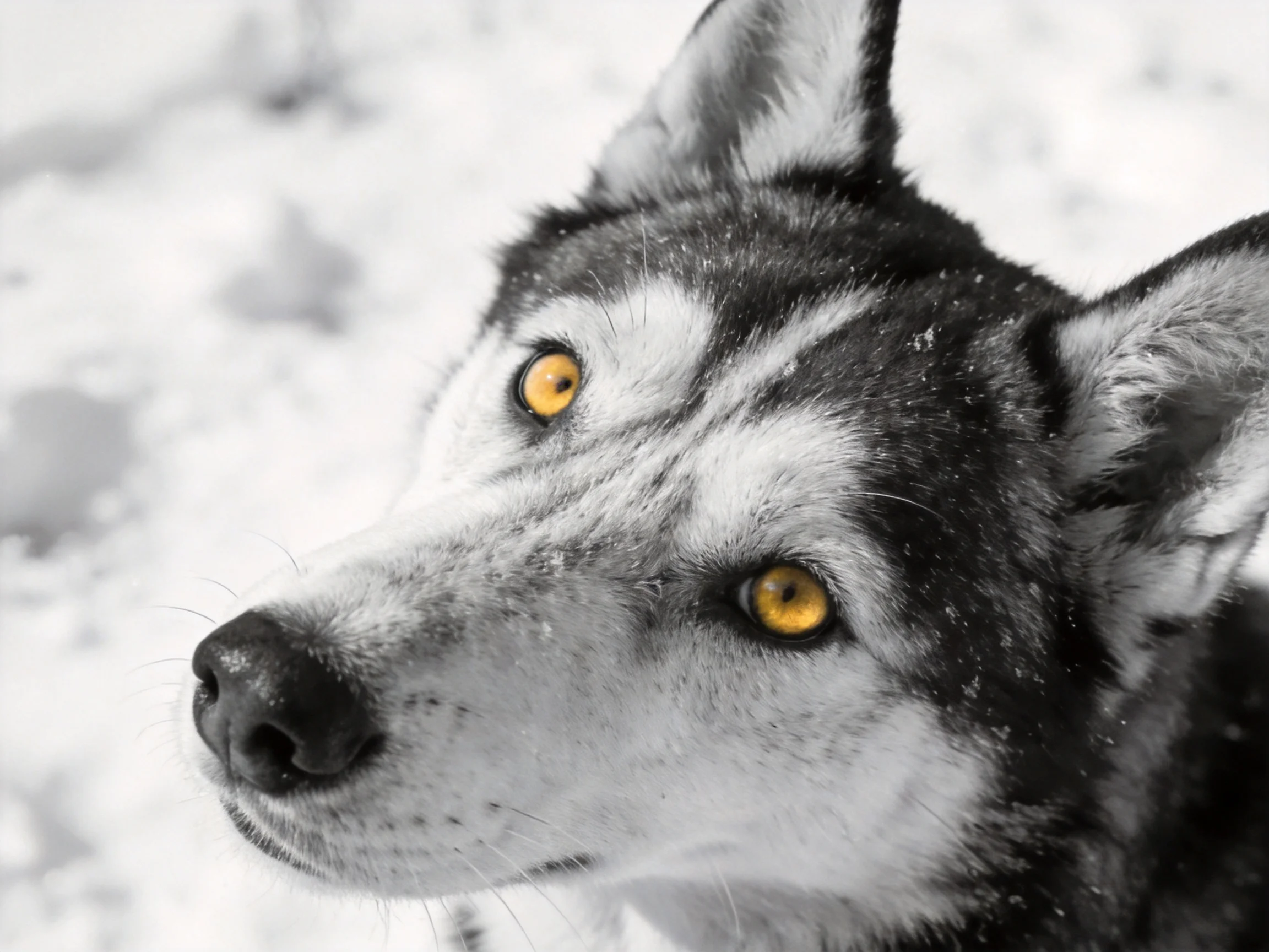 A Siberian Husky with vivid yellow eyes in a snowy landscape