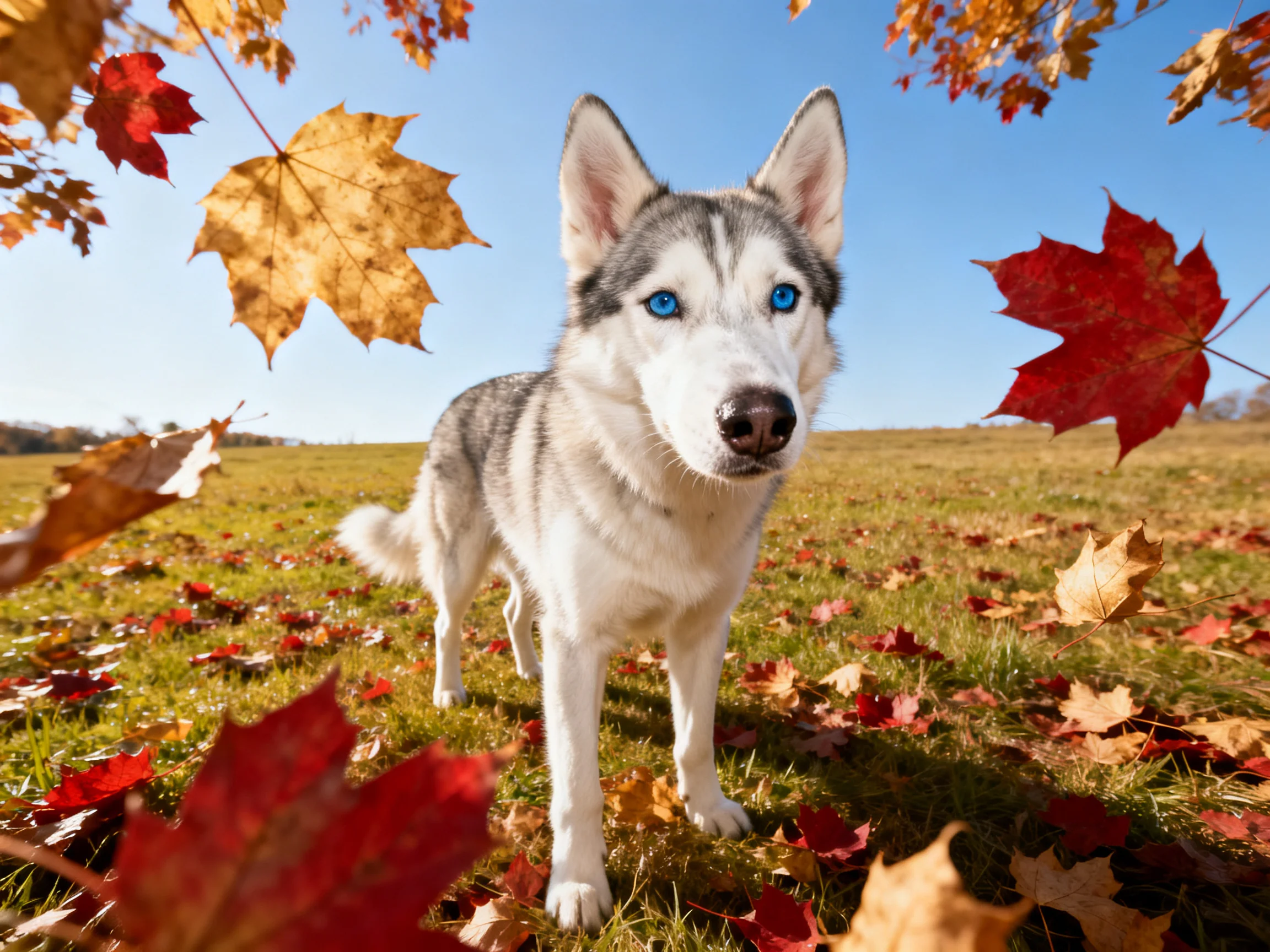 A Siberian husky stands amid colorful falling autumn leaves in a sunlit field