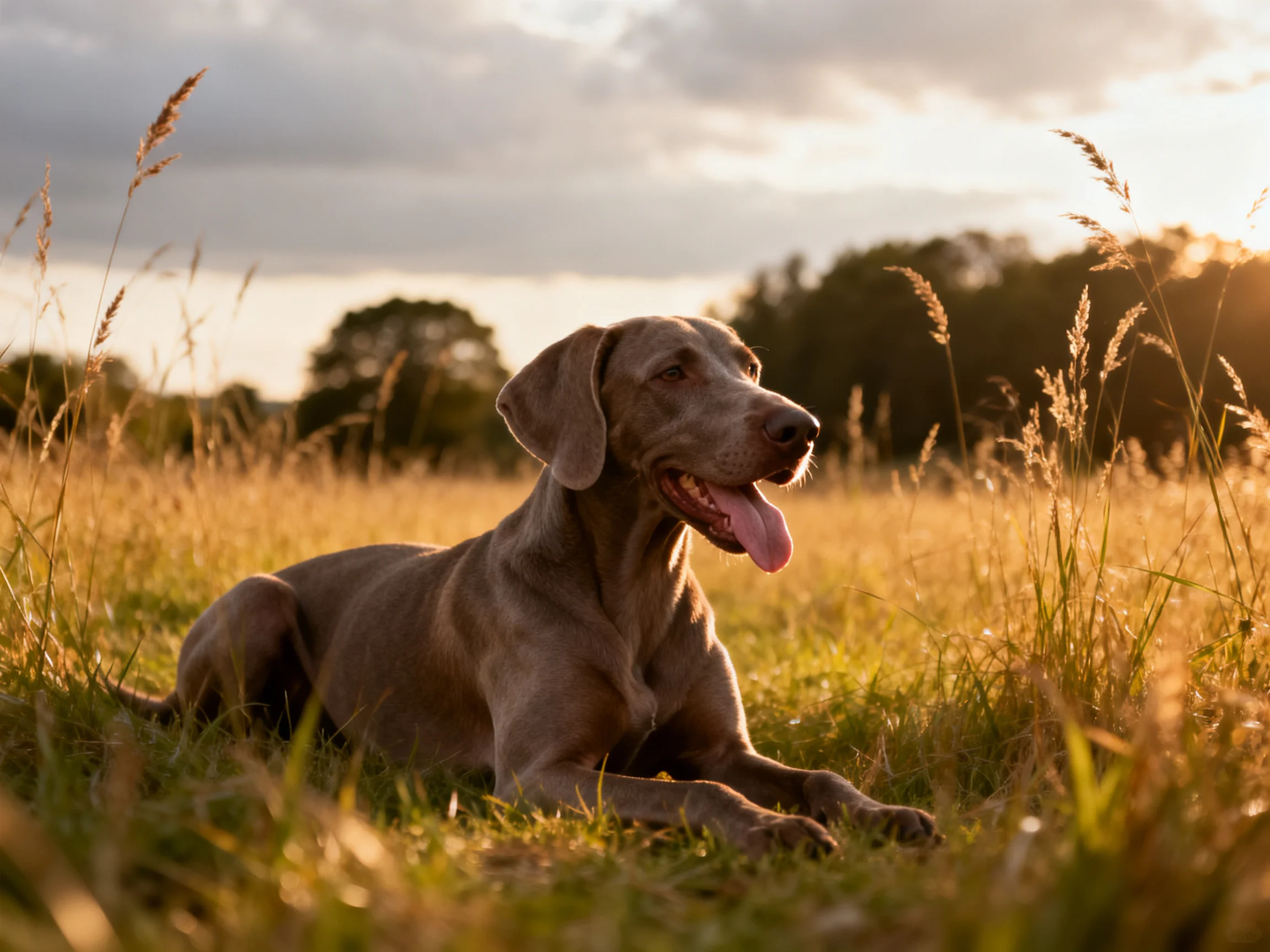 A Weimaraner relaxes in golden grasses during sunset