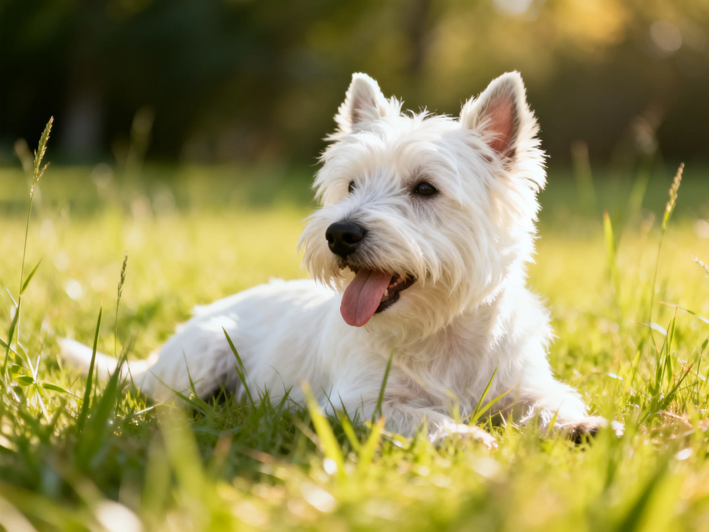 A West Highland White Terrier rests in sun-dappled green grass