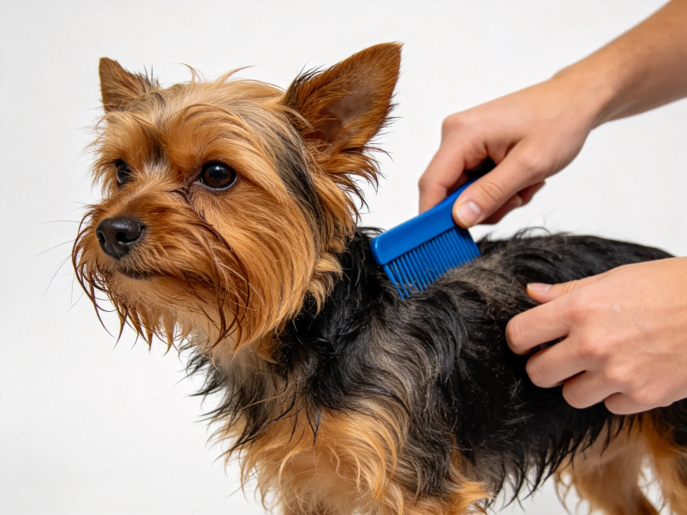 A Yorkshire Terrier groomed with a blue brush