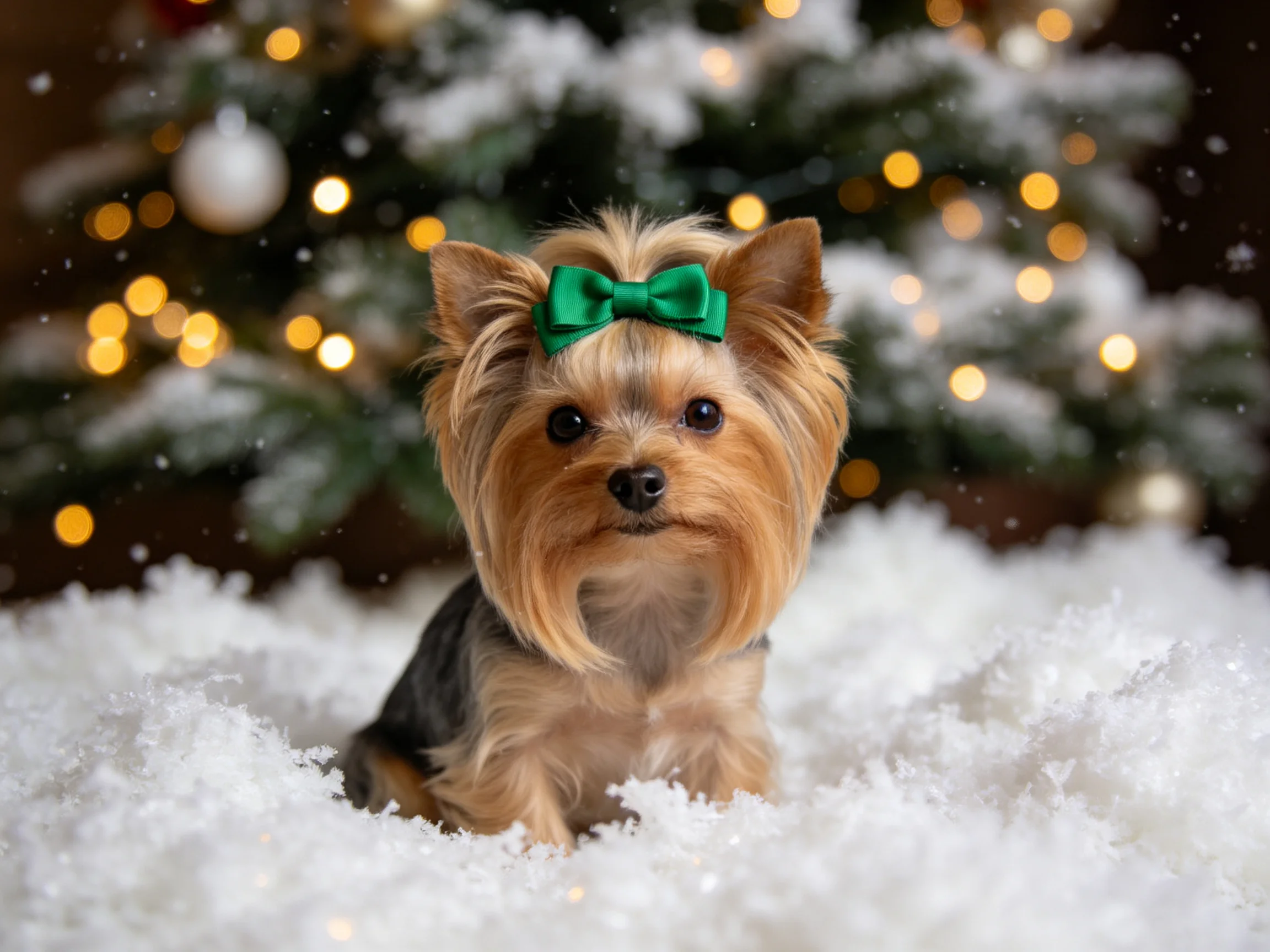 A Yorkshire Terrier with a green bow sits in artificial snow near a decorated Christmas tree