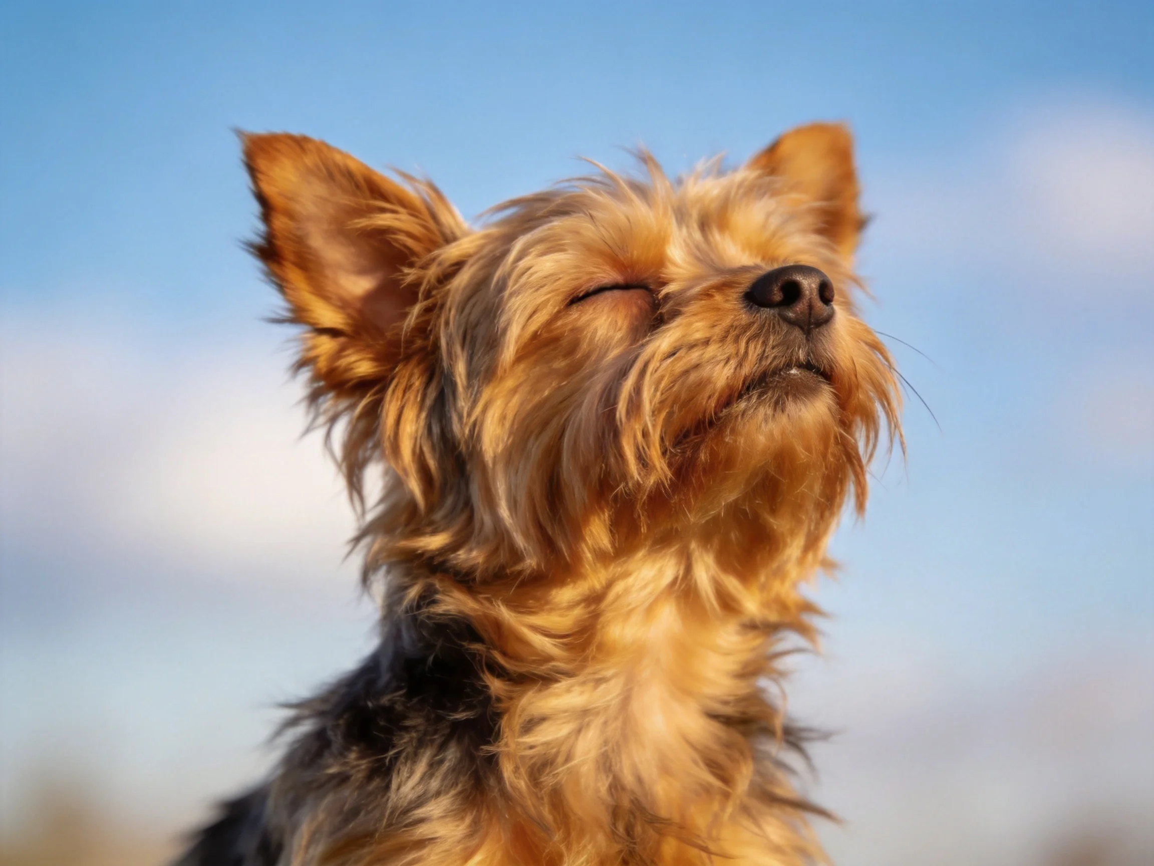 A Yorkshire Terrier with golden-brown fur near a clear blue sky