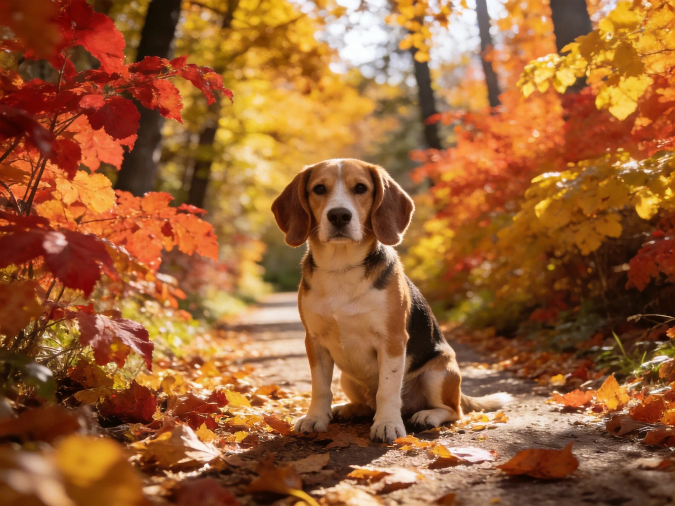 A beagle sits among autumn leaves on a leaf-covered path.